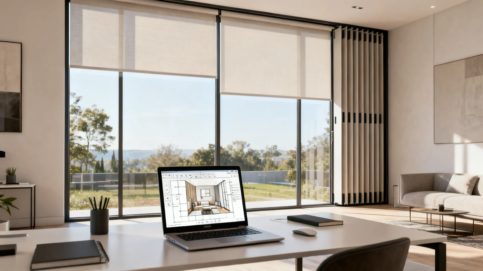 Home office with large windows and various blind types, laptop showing room planner mockup