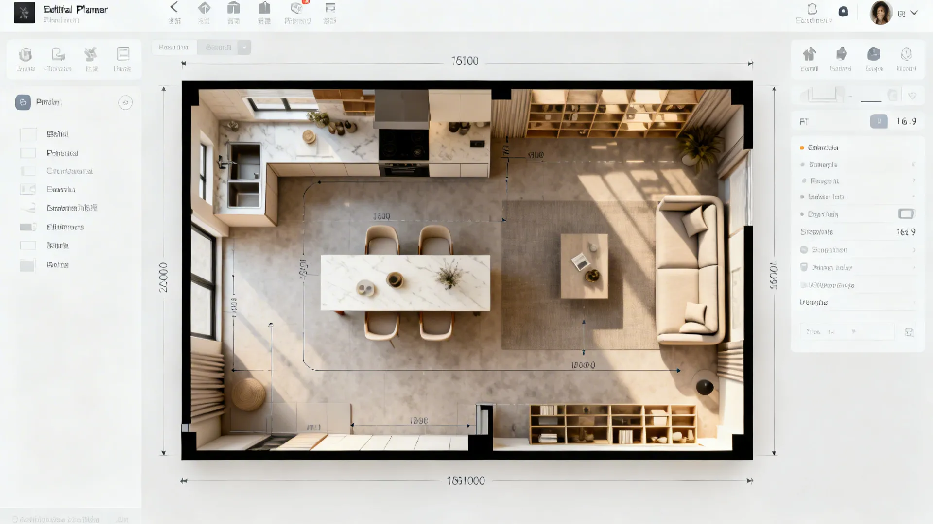 Overhead view of a room-planner showing a compact kitchen-living layout with circulation and furniture footprints.
