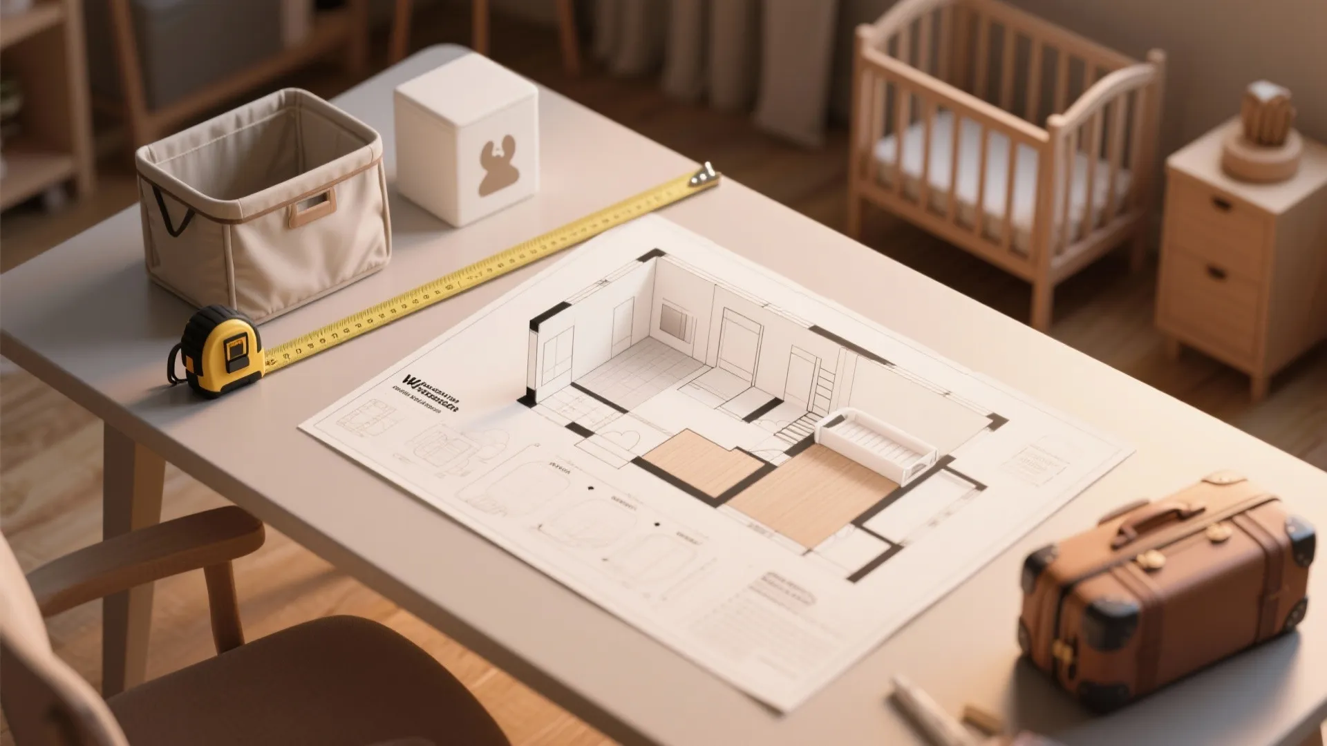 Top-down view of a 3D floor plan and packing items used to plan a three-bedroom suite layout.