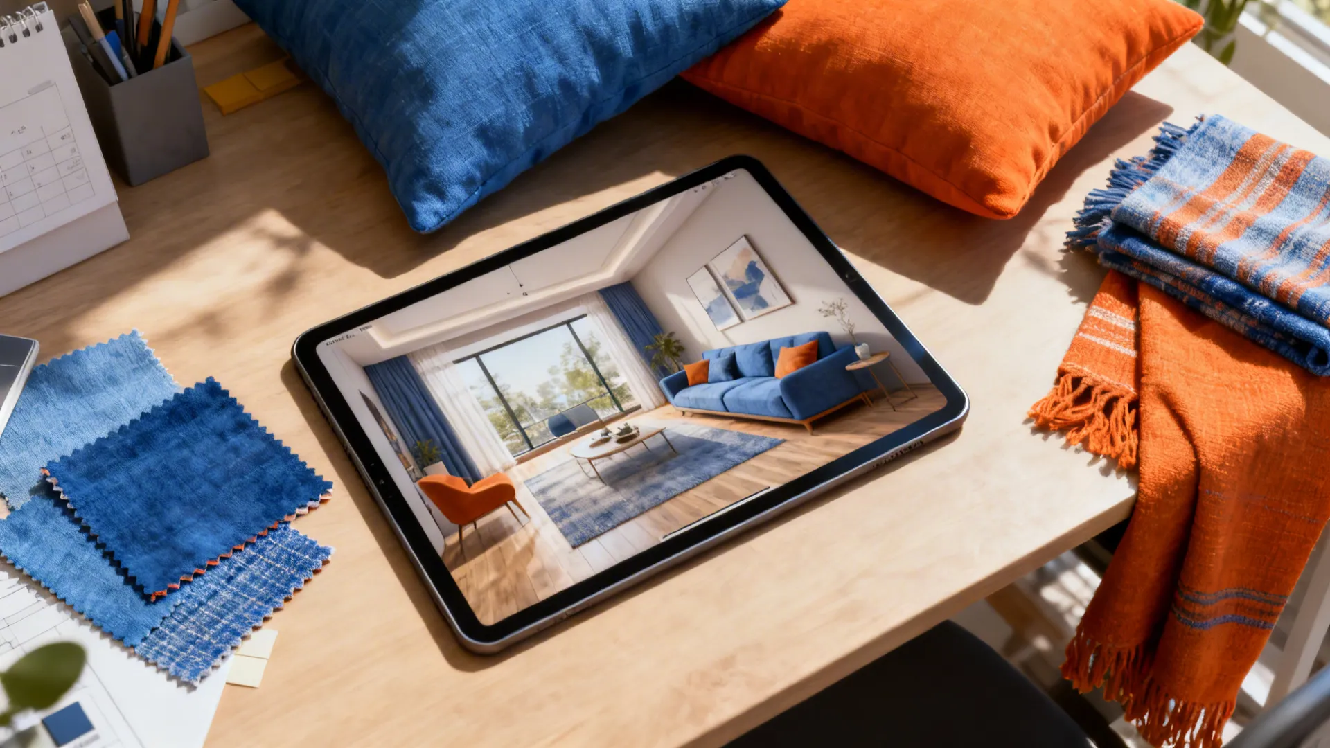 Top-down mockup of a living room layout with blue and orange fabric swatches and a tablet planner.