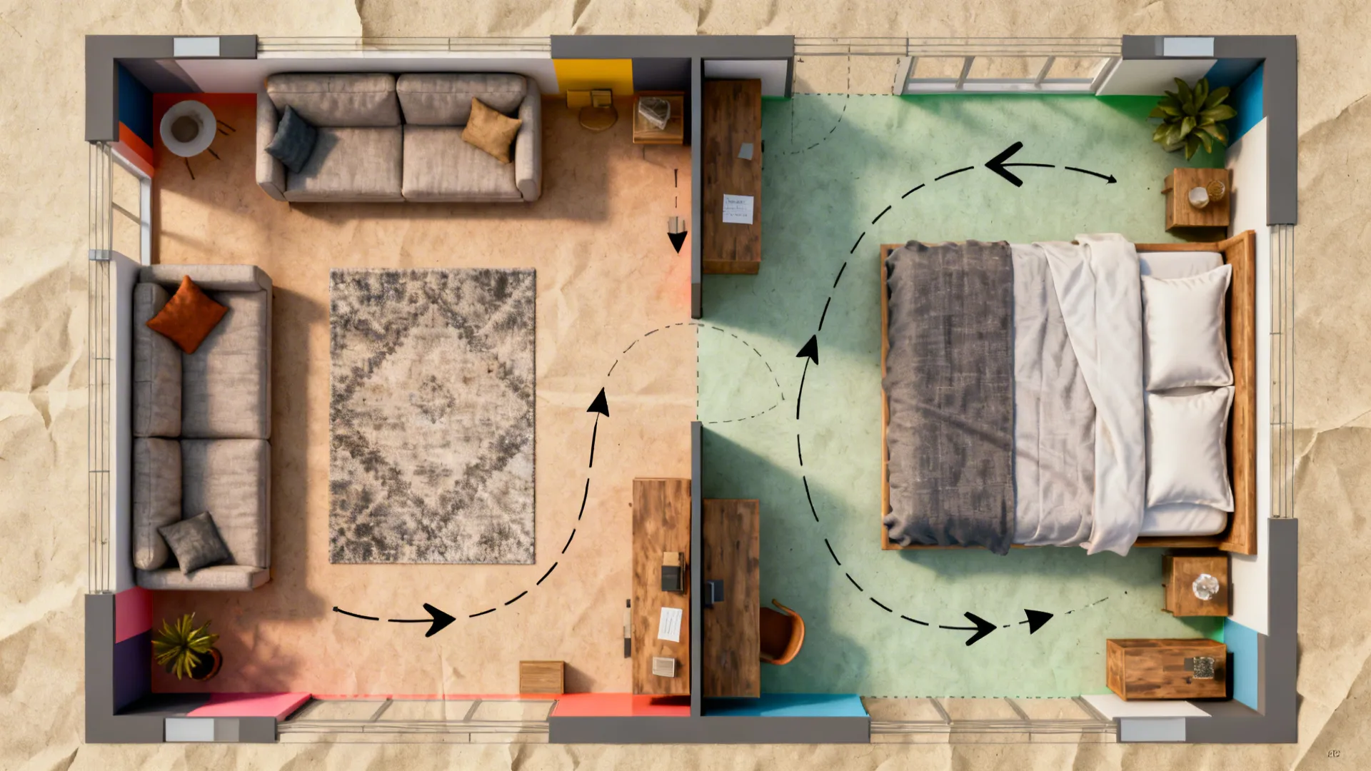 Top-down schematic layout showing furniture placement and circulation for a living-to-bedroom conversion.