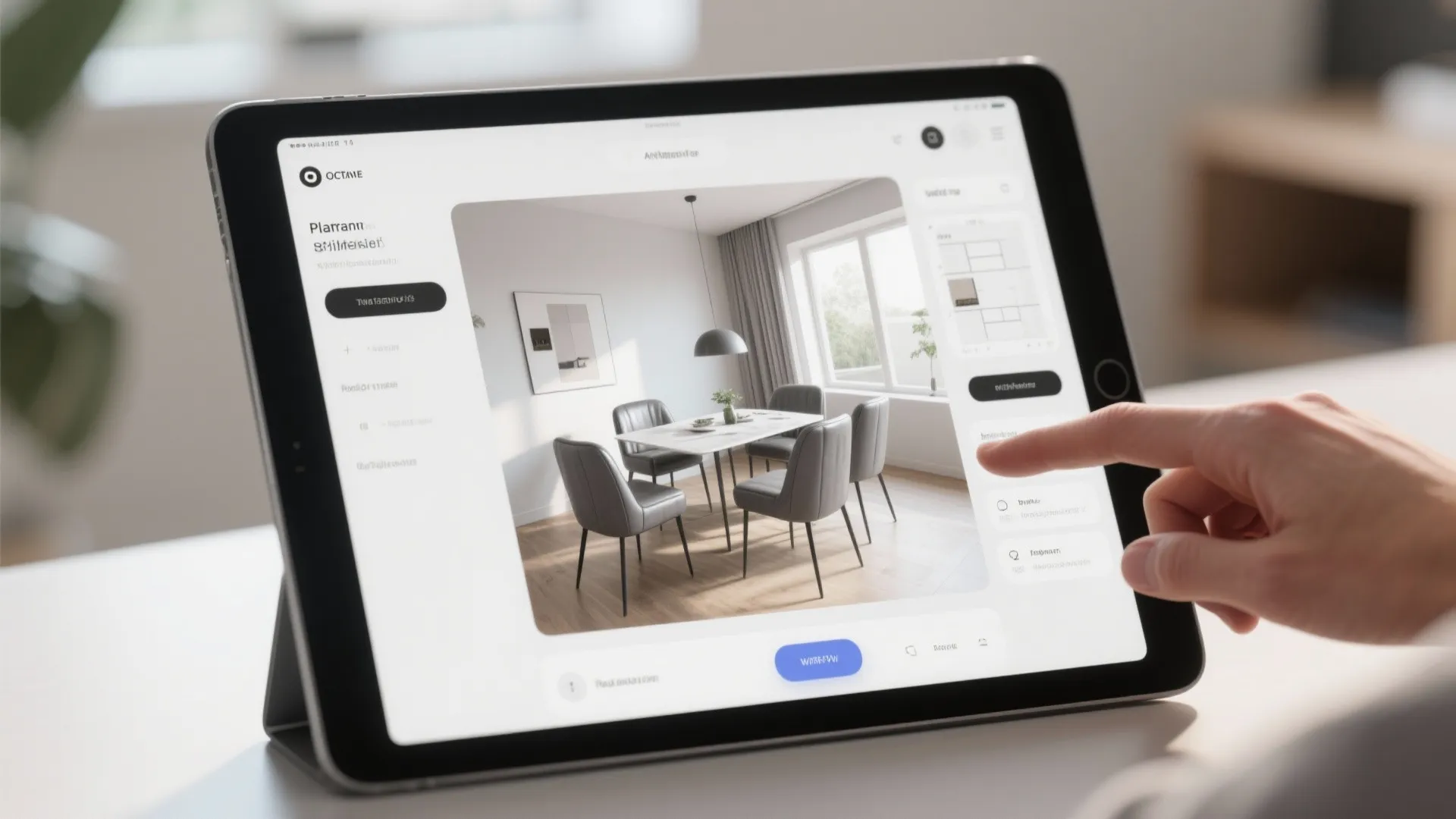 User hand touching tablet screen showing interior design drawing of a modern dining room area