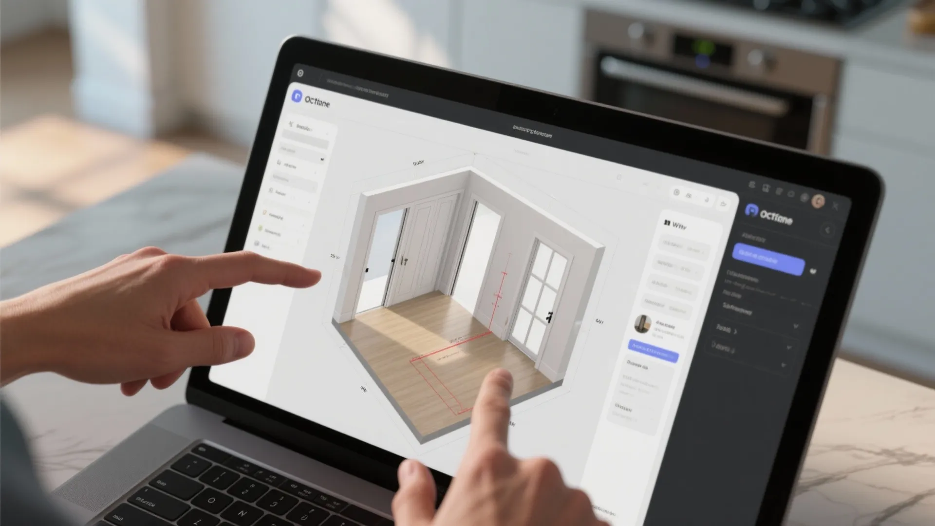 User hands pointing at a 3D room layout design on a laptop screen for interior planning