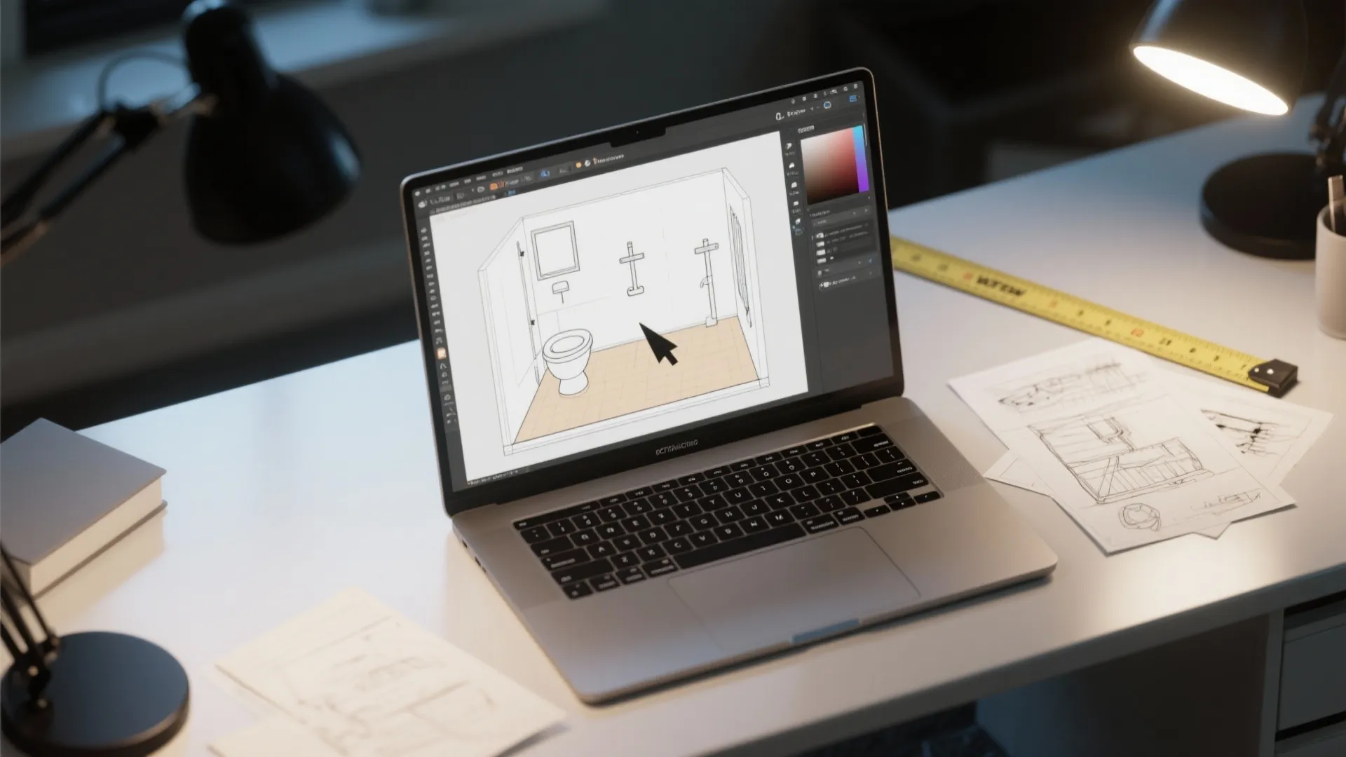 Top-down view of a laptop running a room planner showing a small bathroom layout and printed sketches nearby.
