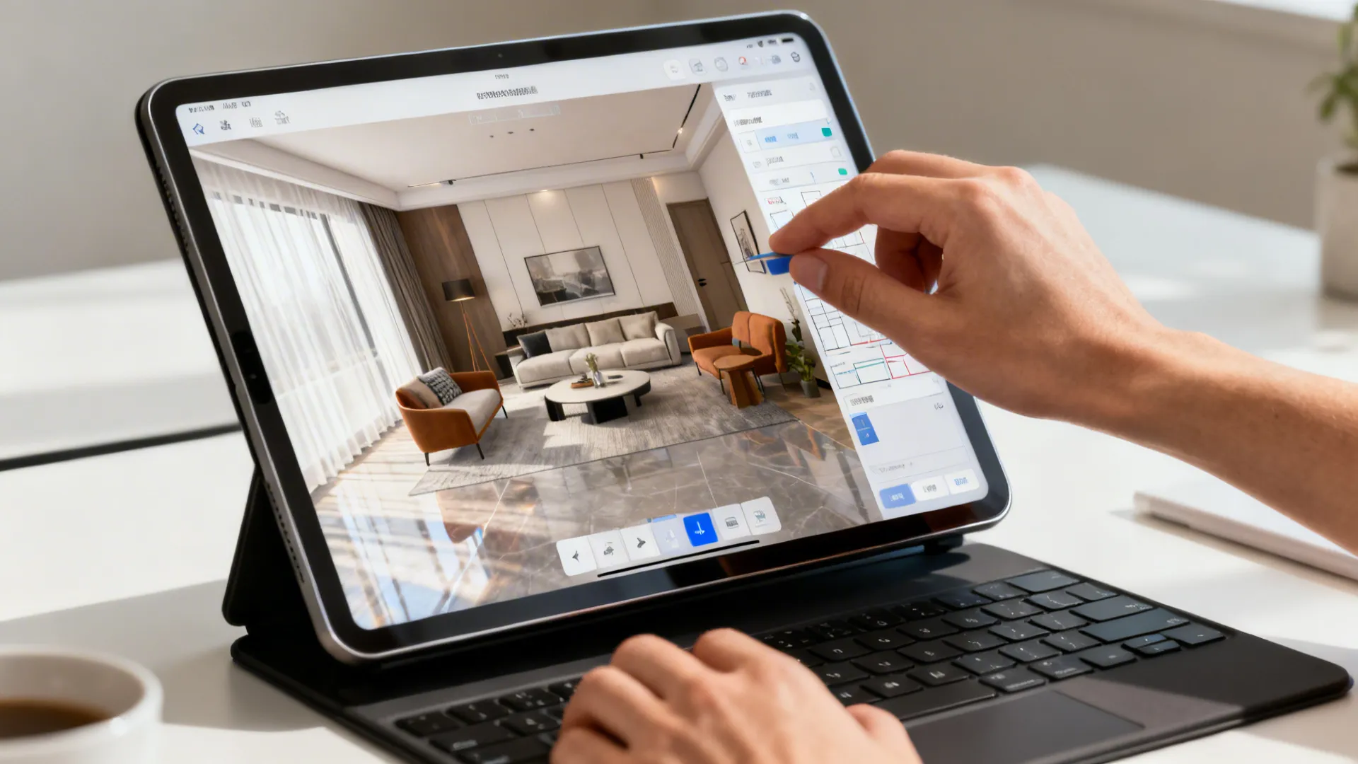 Tablet showing a 3D room planner used to test furniture layouts in a small living-dining combo