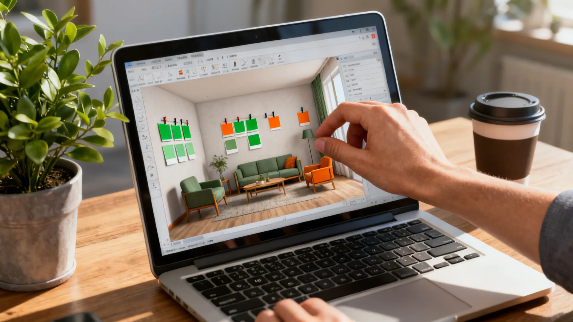 Person using Coohom interior design software on laptop to plan a modern green living room