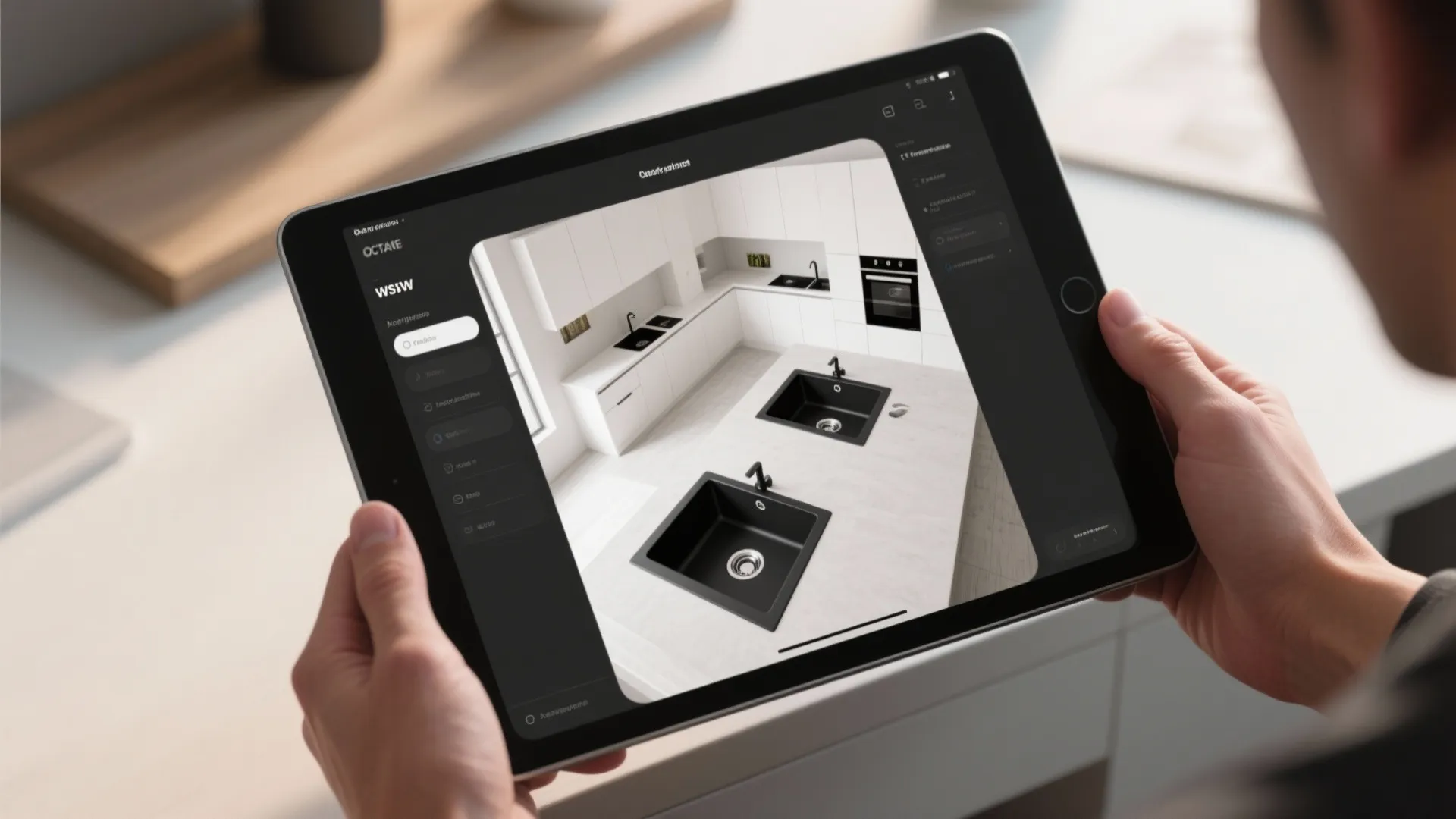 Top-down view of a tablet showing room-planner mockups for black undermount sink placements.