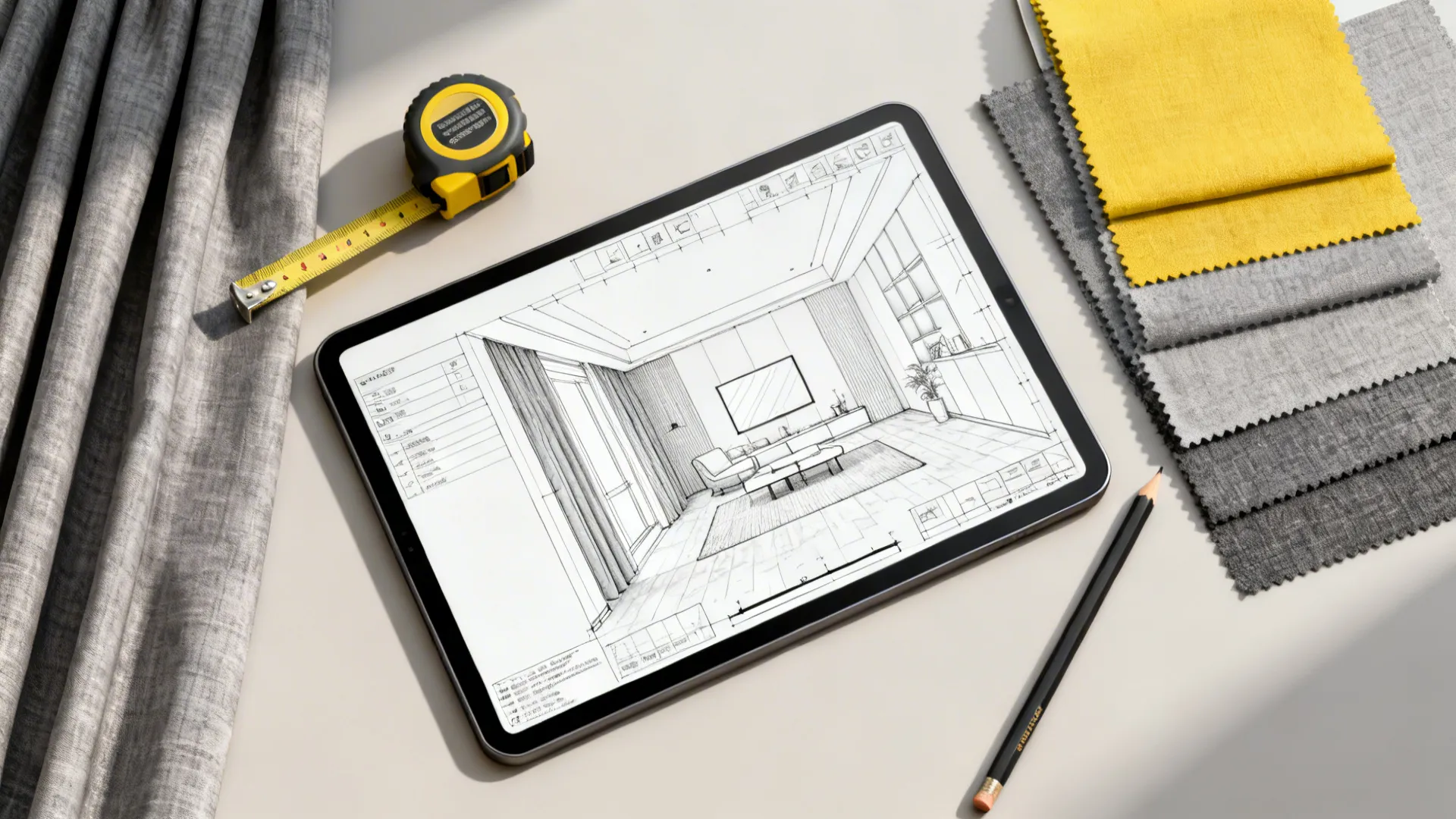 Digital tablet displaying a living room design sketch with measuring tape, pencil, and fabric swatches