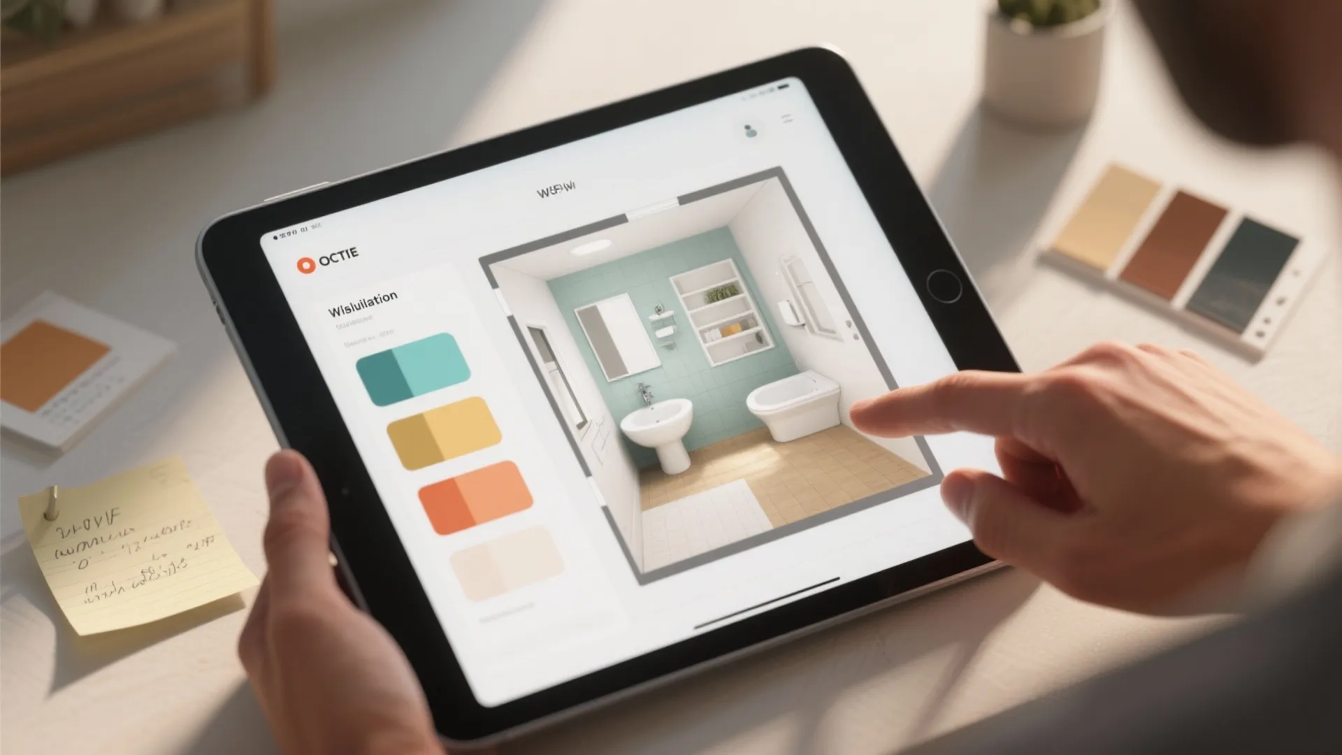 Person using a tablet to design a bathroom interior with colorful paint swatches and furniture