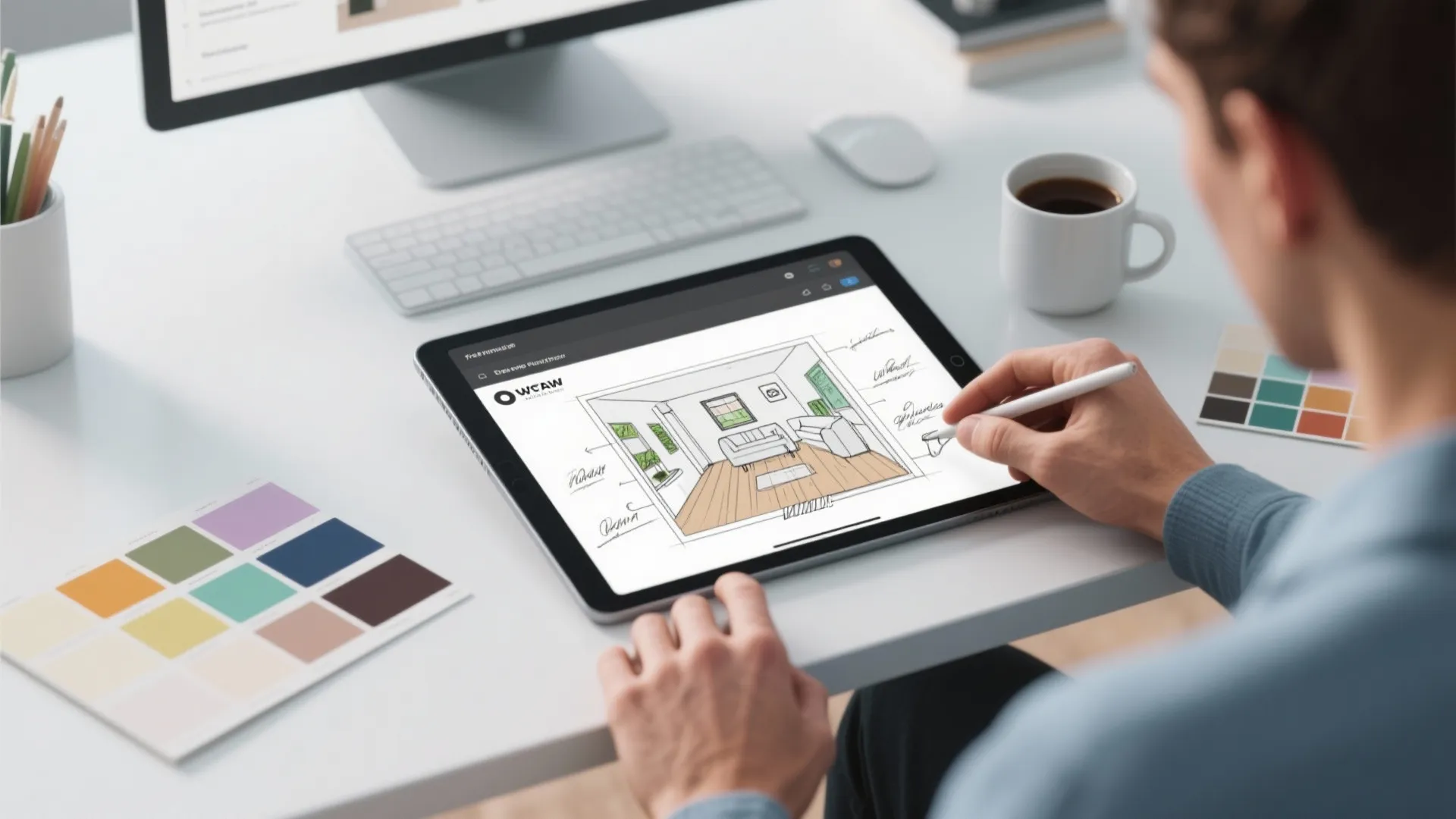 Person using a room planner on a tablet with sketches and swatches to test layouts