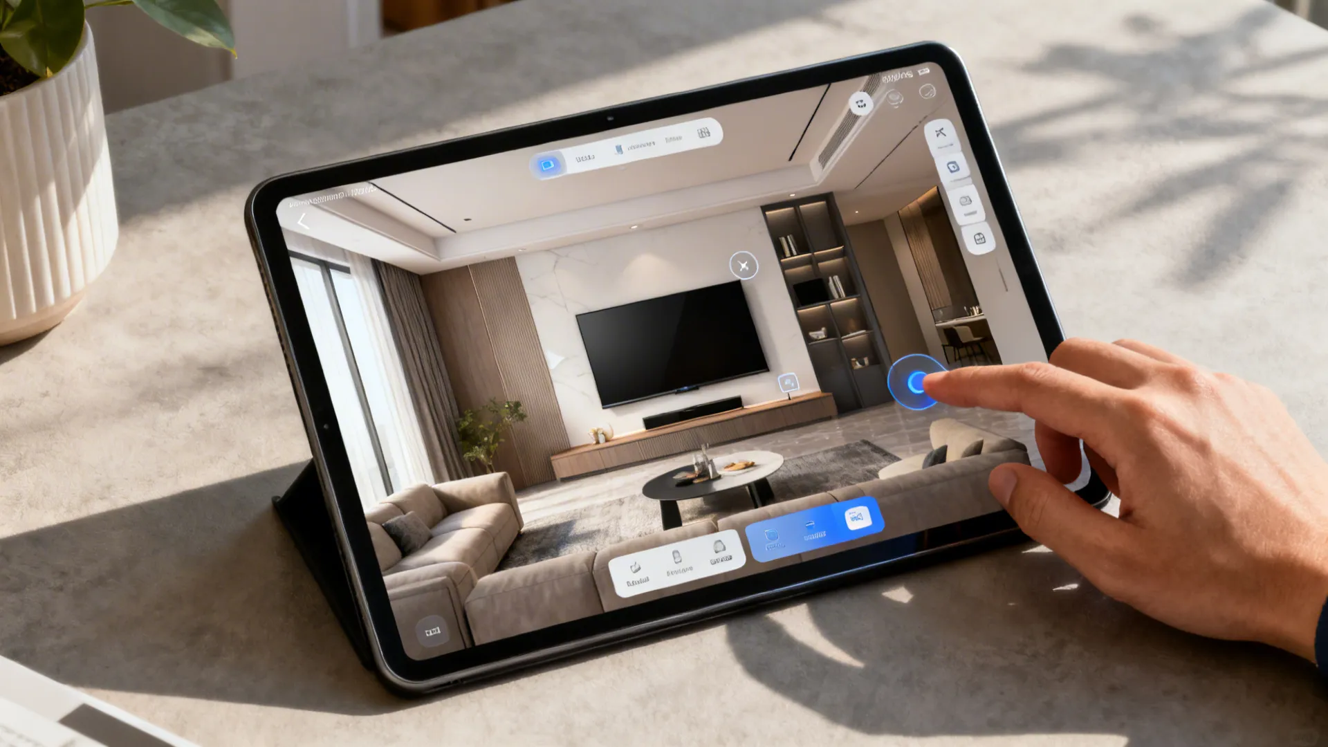Tablet showing a 3D room planner mockup used to test TV scale and placement.