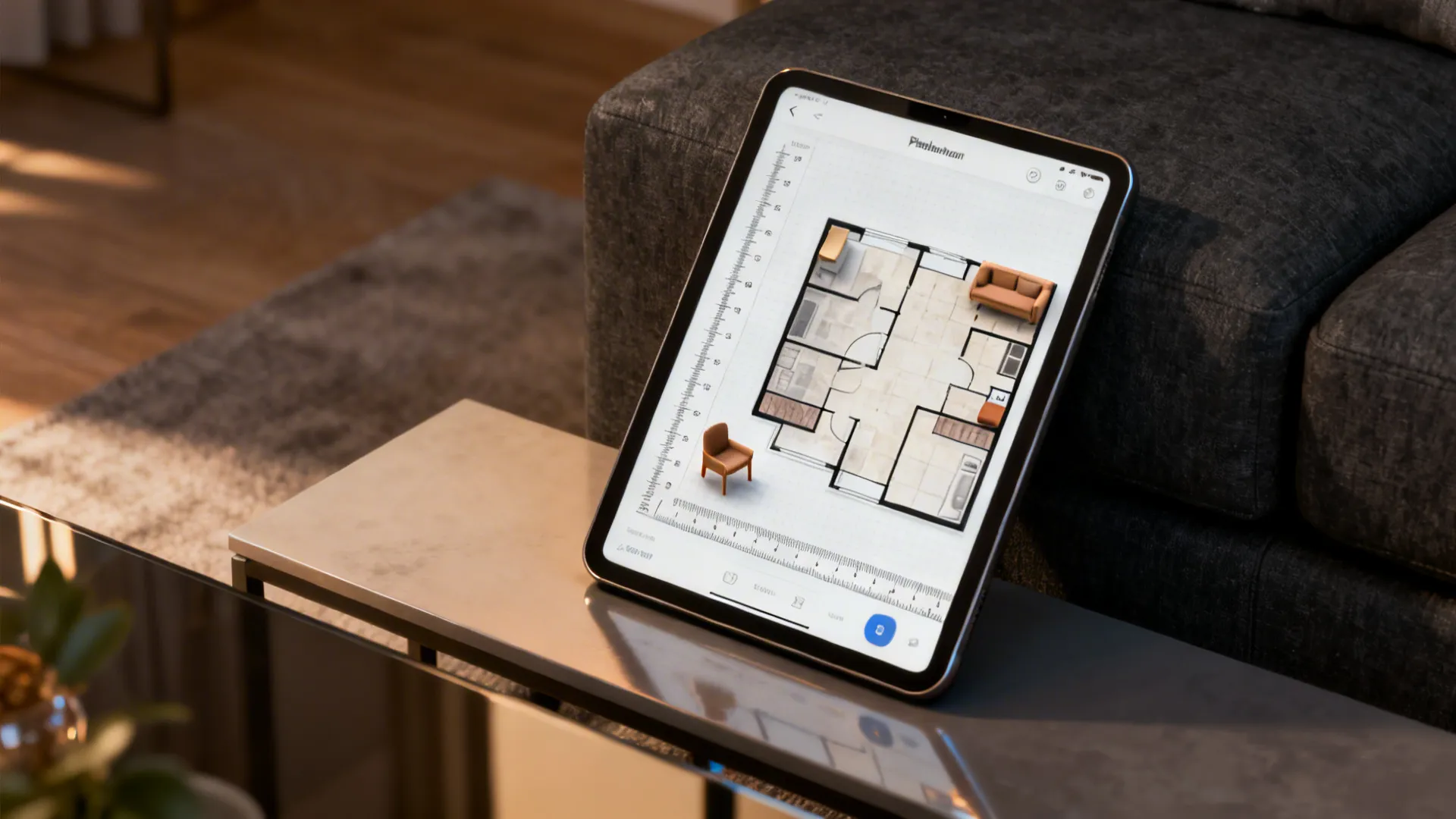 Tablet showing a room planner beside a dark grey couch for layout testing