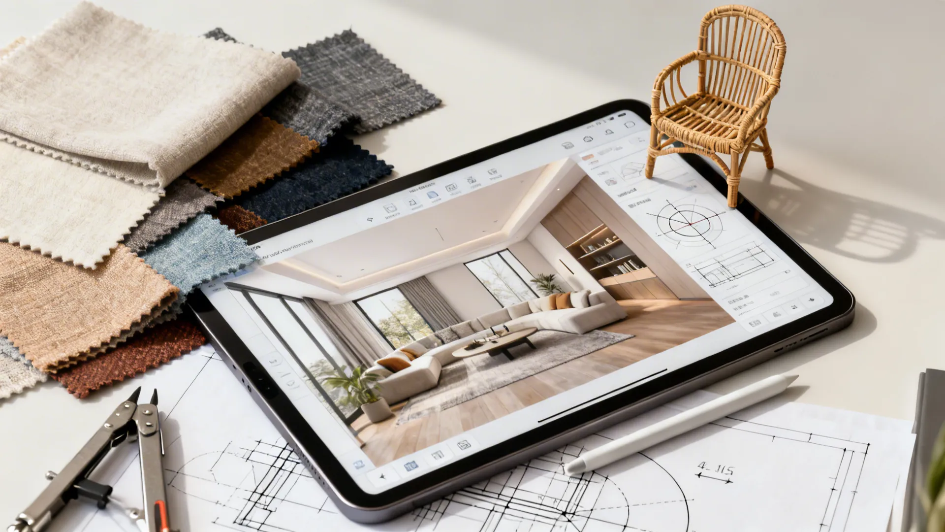 Top-down of a room planner on a tablet with swatches and a rattan chair model for layout testing.