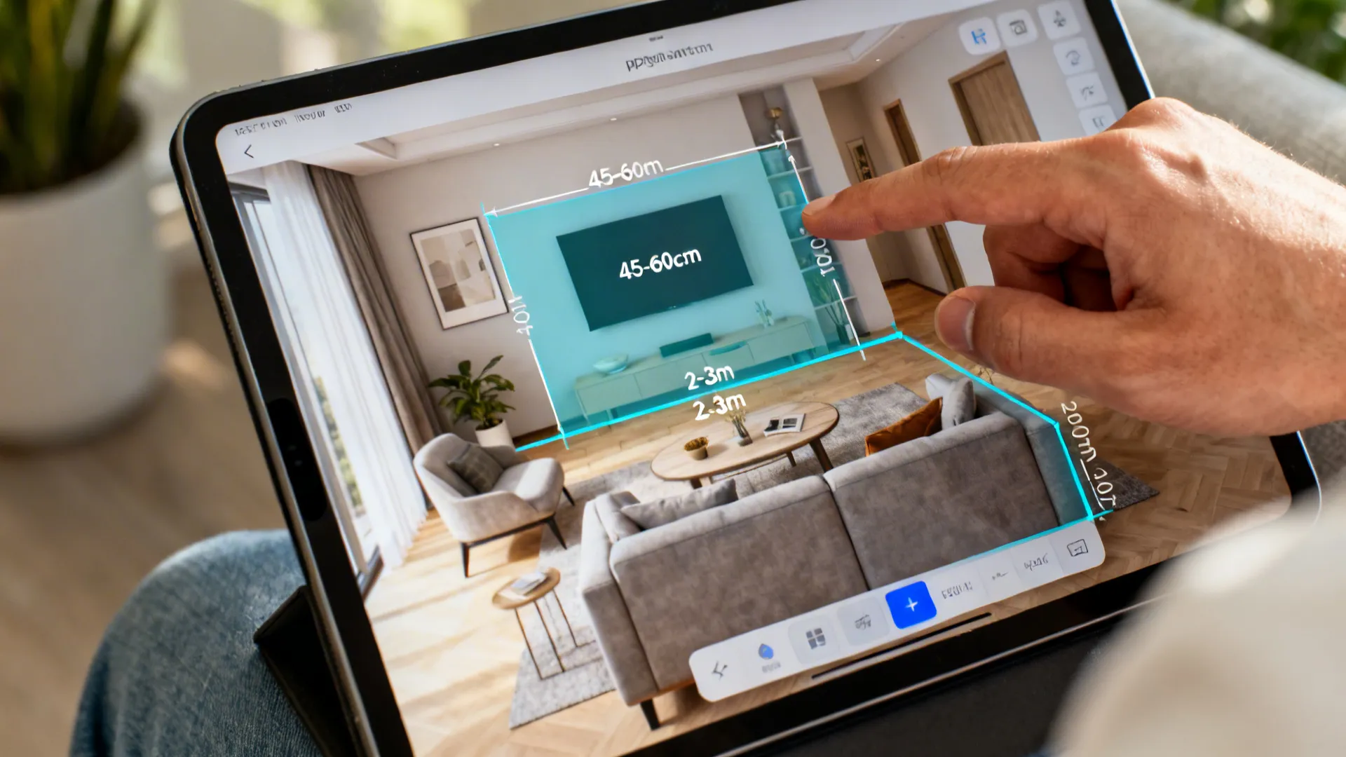 Hand using a tablet app to measure furniture distance in a 3D living room design