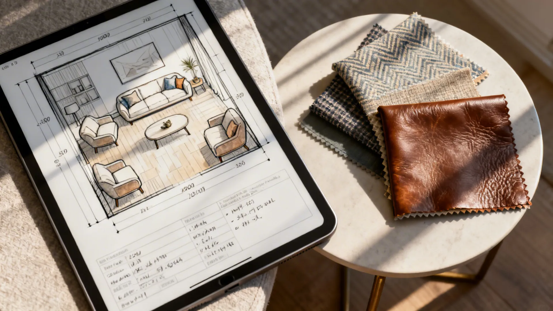 Tablet showing a room planner layout beside leather and fabric samples on a table.