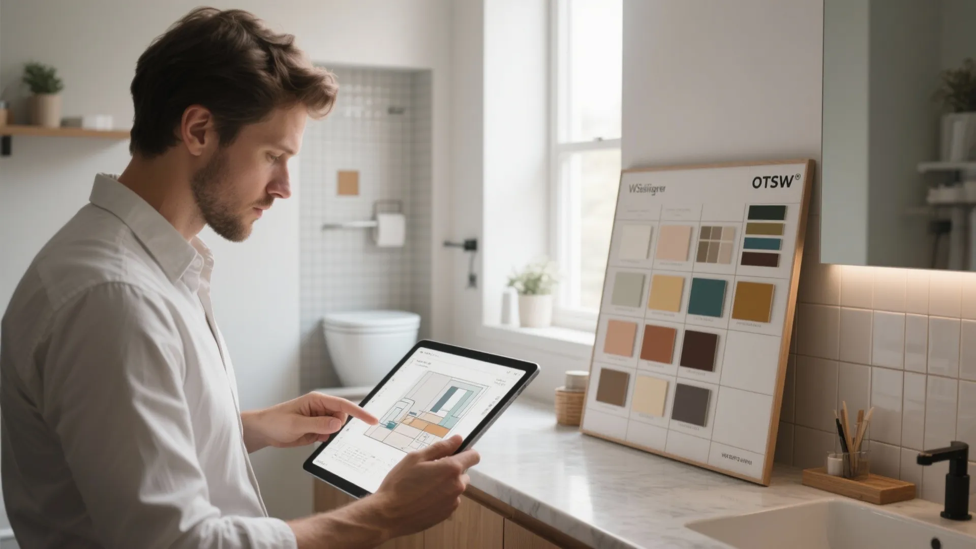 Man using a tablet to view bathroom interior design drawing next to a color palette