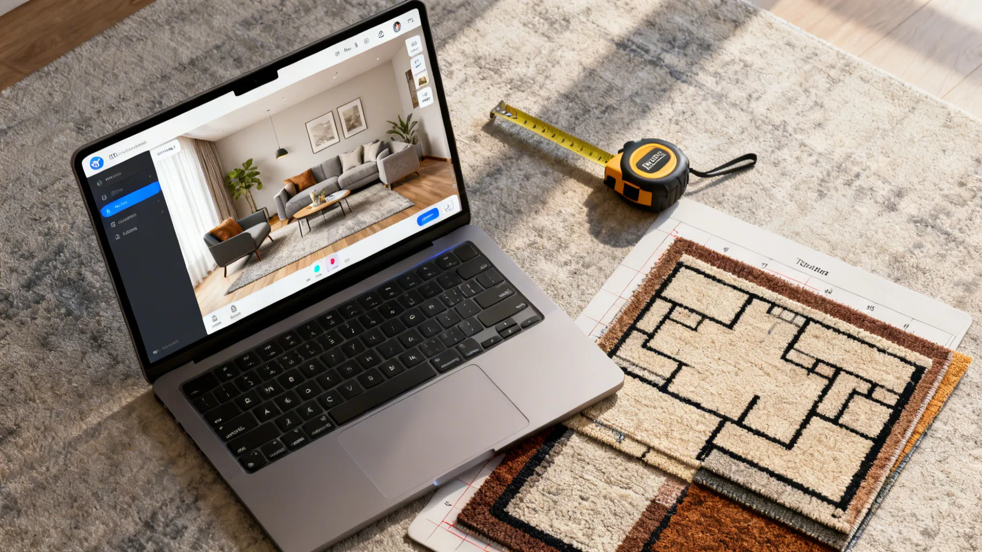 Top-down view of a laptop running a room planner with rug samples and a tape measure for testing scale.