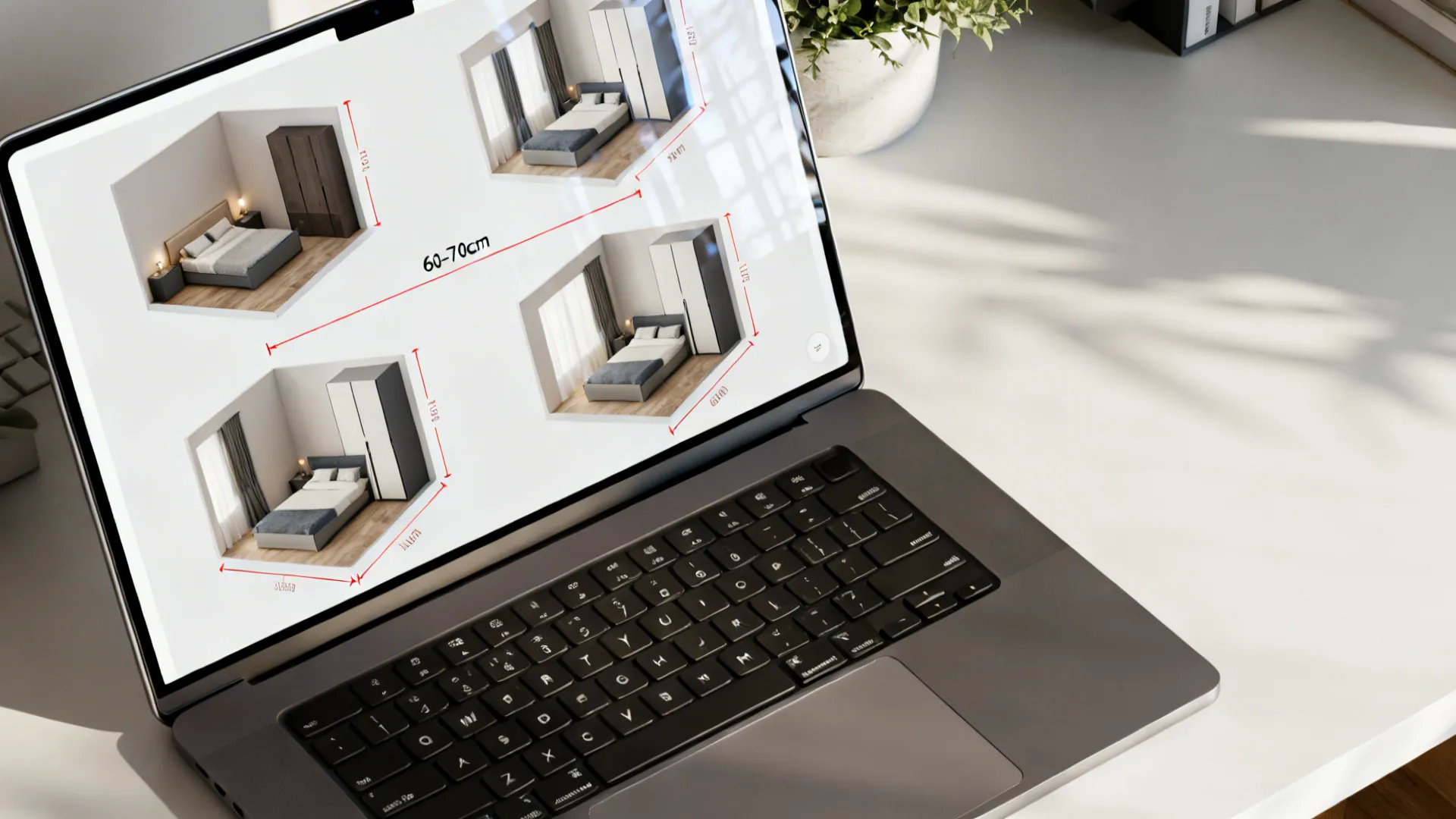 Laptop screen showing a 3D room planner with small-bedroom layout options and clearance measurements