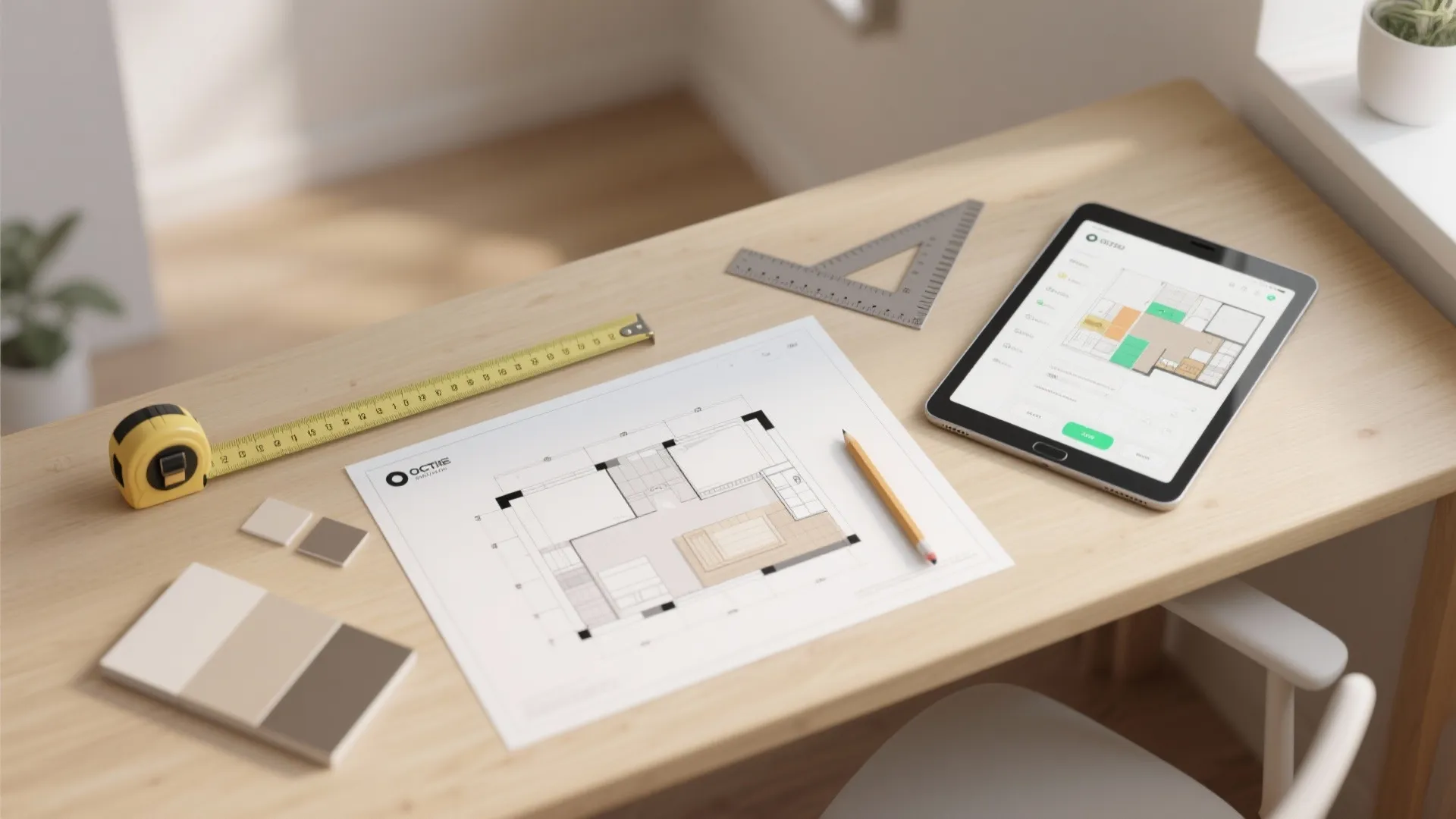 Top-down layout planning scene with room plan, tablet, measuring tape and material swatches