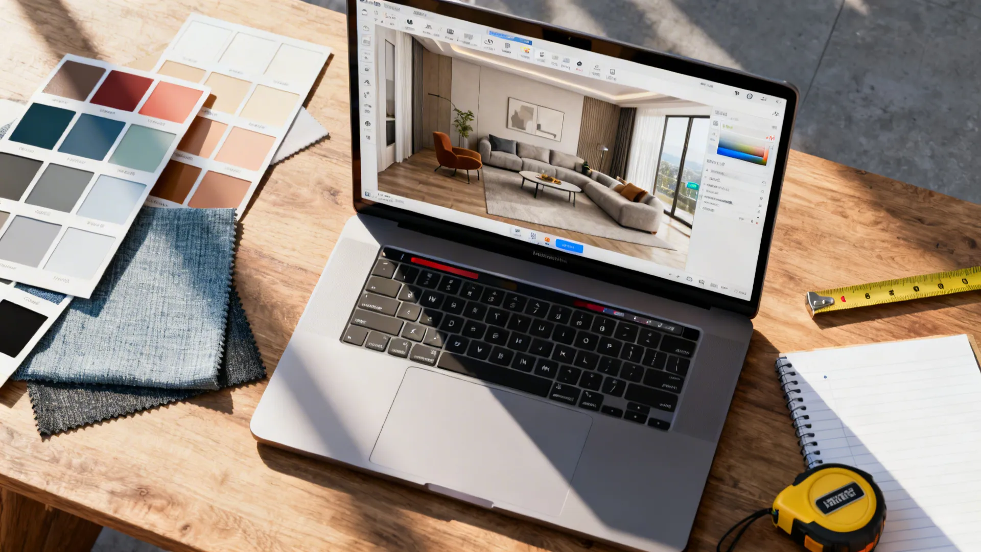 Laptop showing a room planner with paint chips and fabric swatches for layout testing