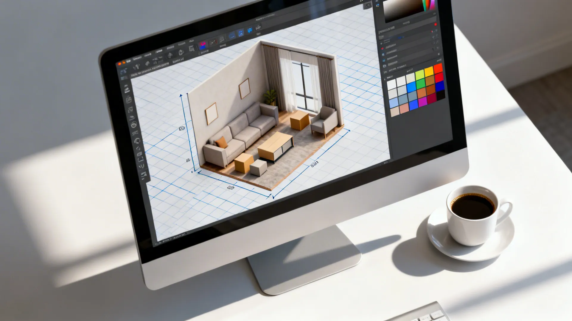 Tablet showing a room planner mockup of a small living room with furniture scale and color swatches.
