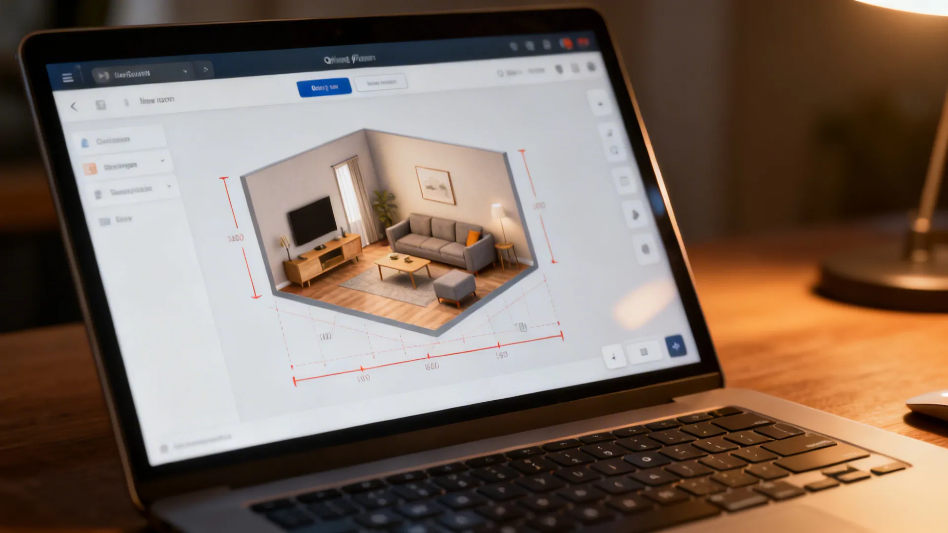 Laptop displaying an online room planner with a small living room layout and measurement guides.