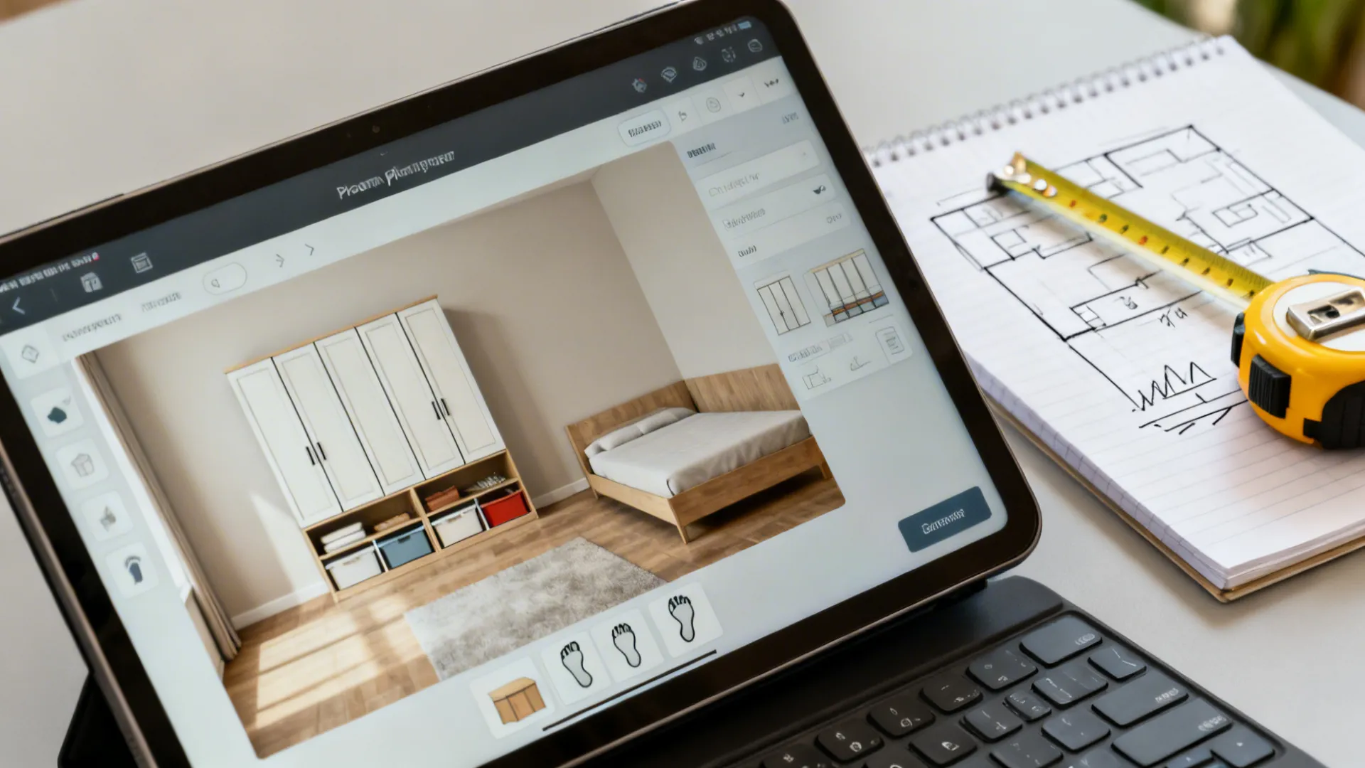 Tablet displaying a room planner interface with layout sketches and measuring tools.