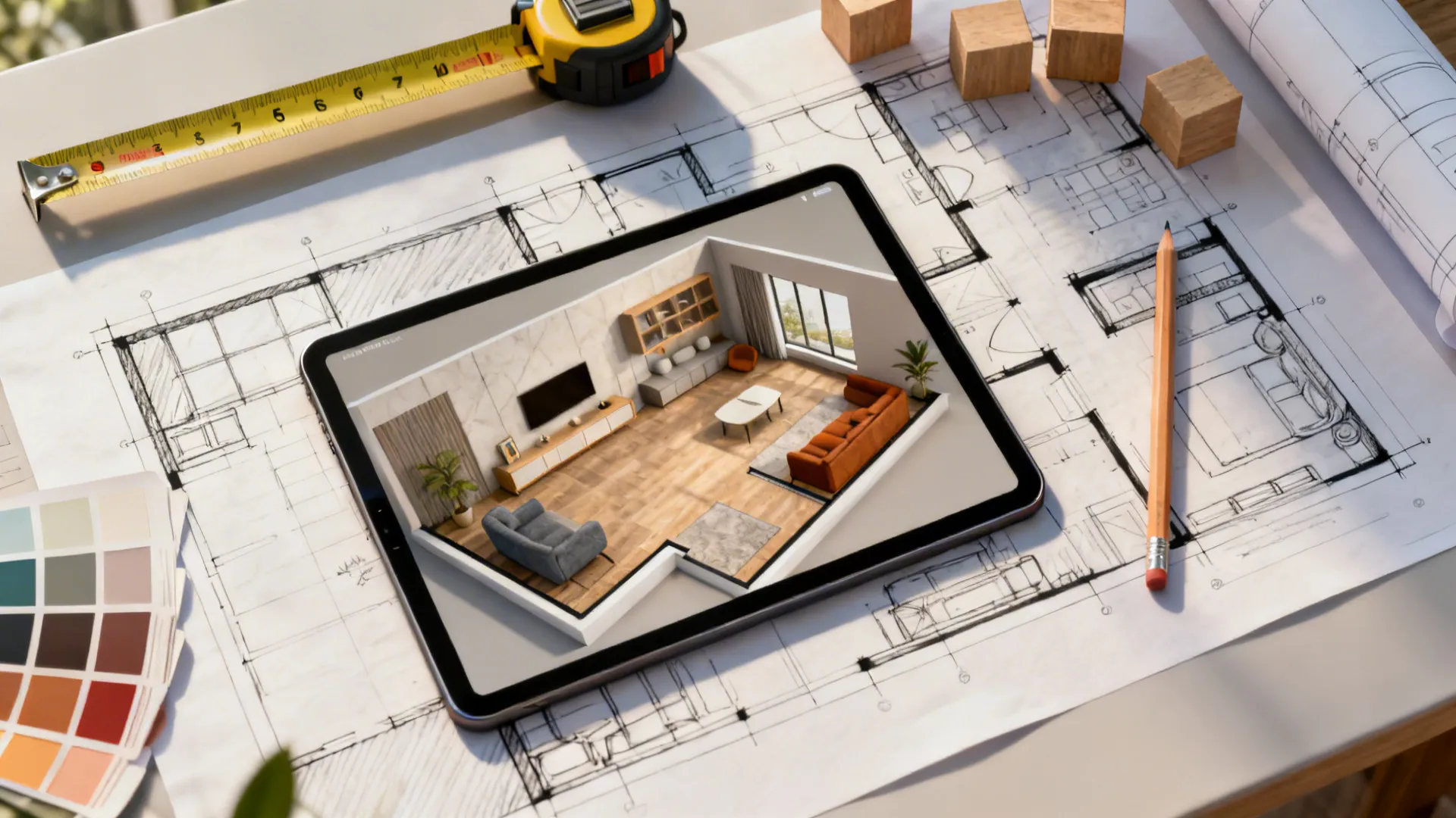 Top-down view of room planning sketches and a tablet with a 3D floor planner for testing layouts.