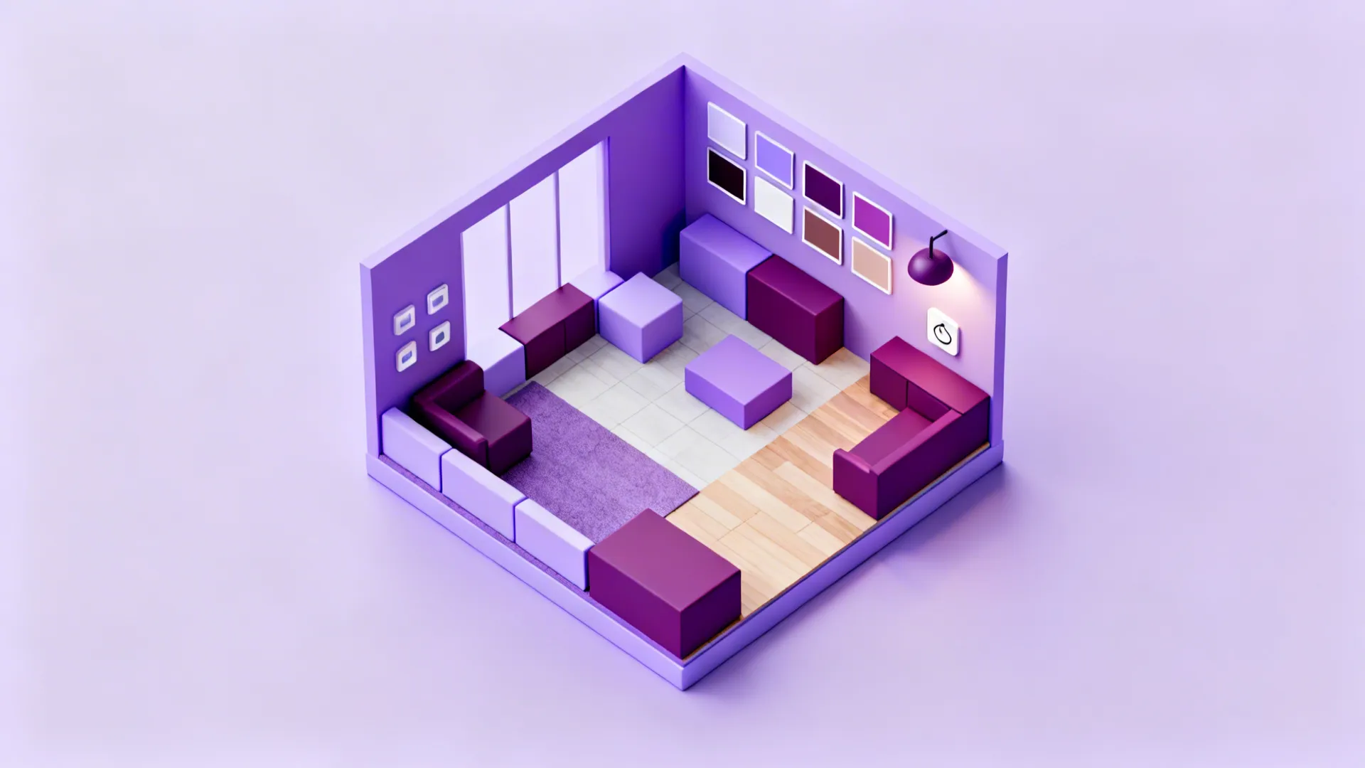 Top-down room planner mockup showing purple swatches and small-room layout