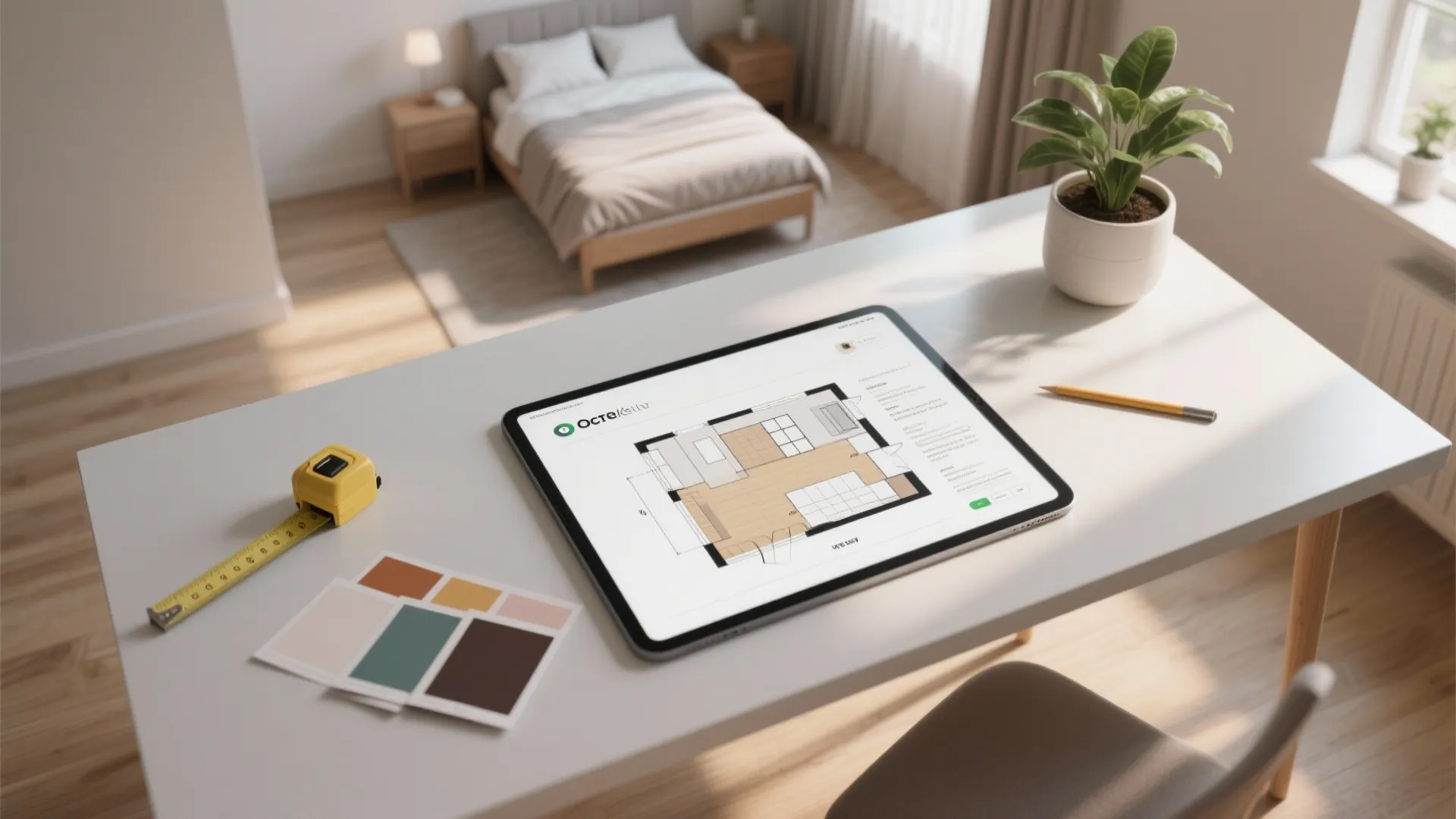 Tablet showing floor plan on white desk with tape measure color samples and green plant