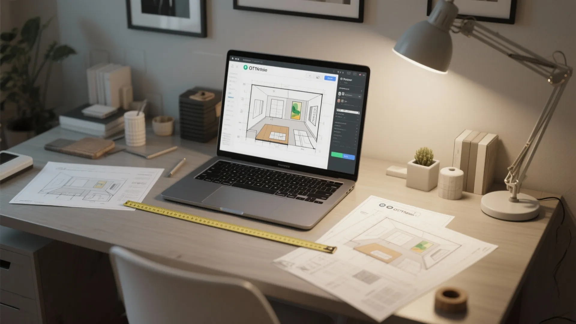 Laptop on wooden desk showing interior design drawing software next to paper plans and lamp
