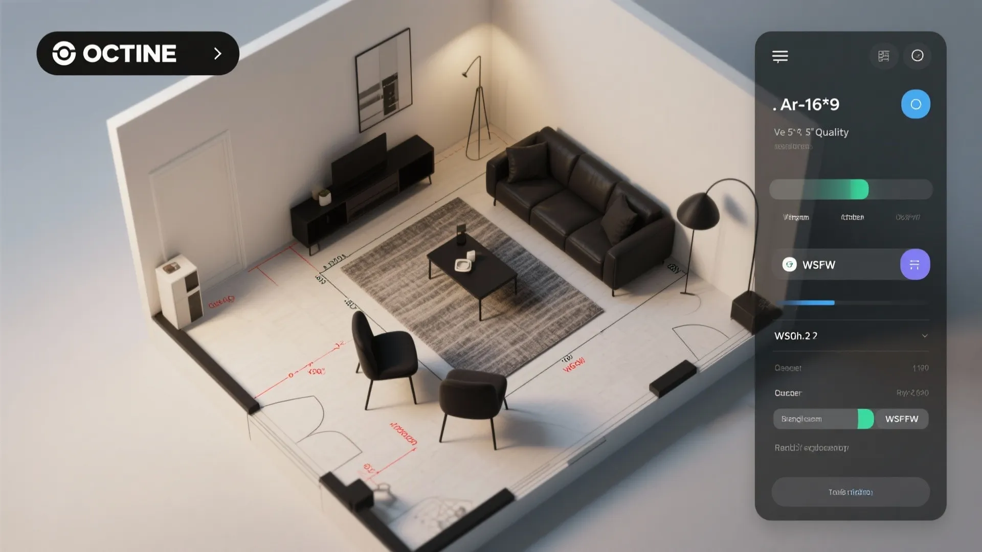 Top-down view of a 3D room planner showing scaled black furniture and circulation guides in a small living room plan.