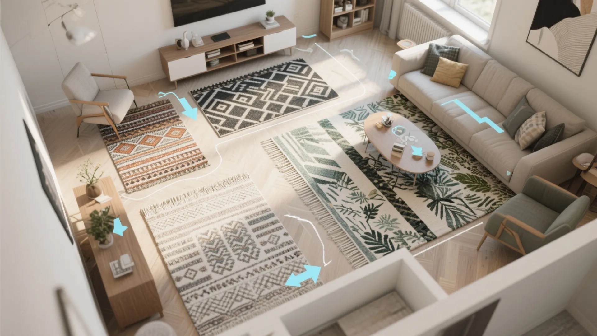 Top down interior design drawing showing a living room layout with various patterned area rugs