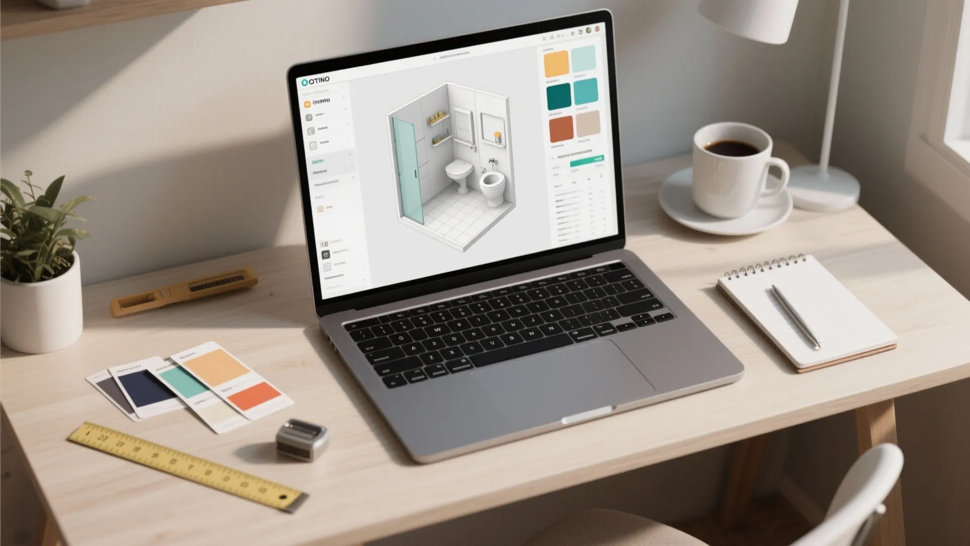 Laptop on wooden desk showing 3D bathroom design software with color swatches and coffee cup