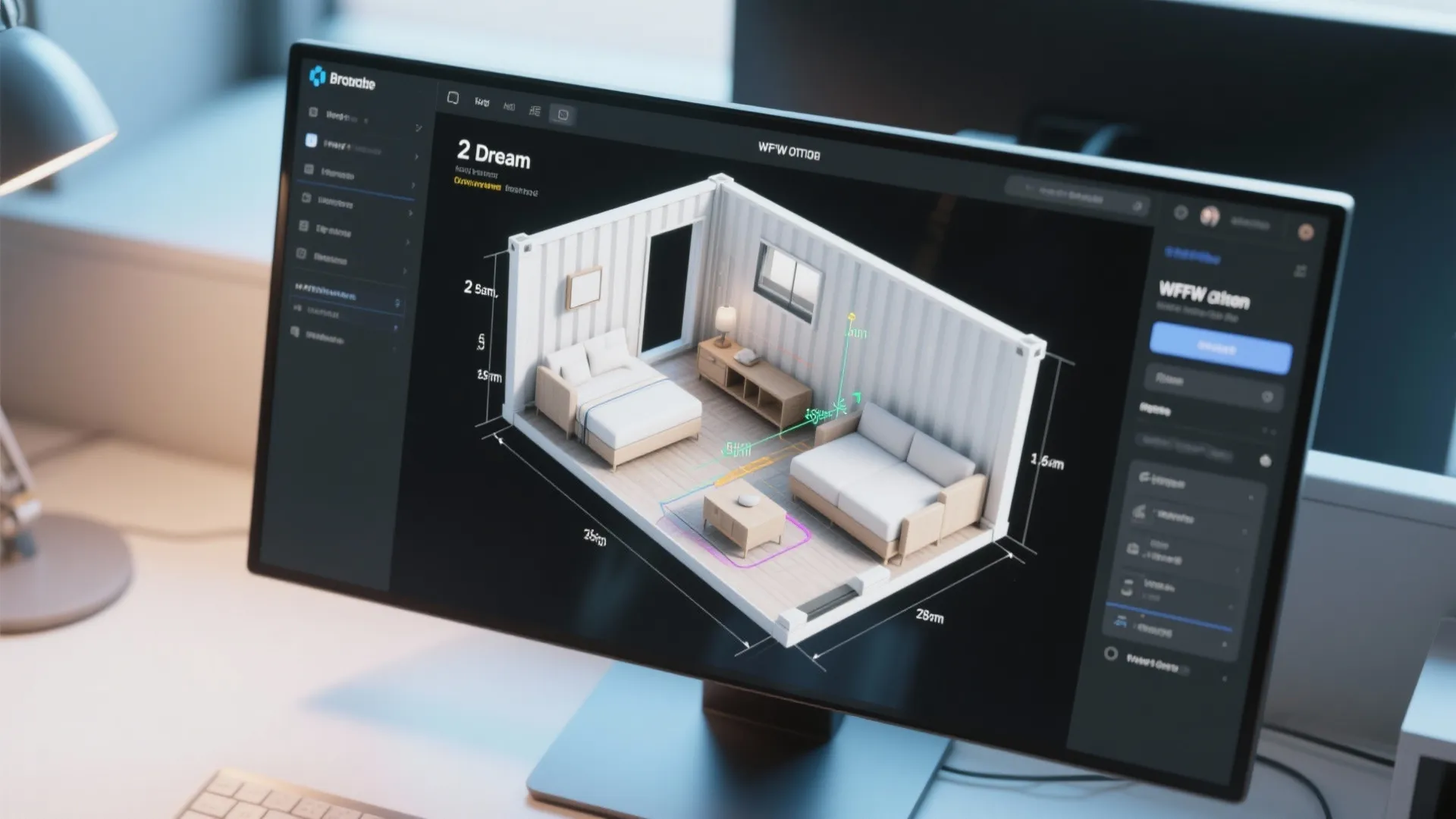 Top-down view of a digital room planner showing container home floor plan and clearances