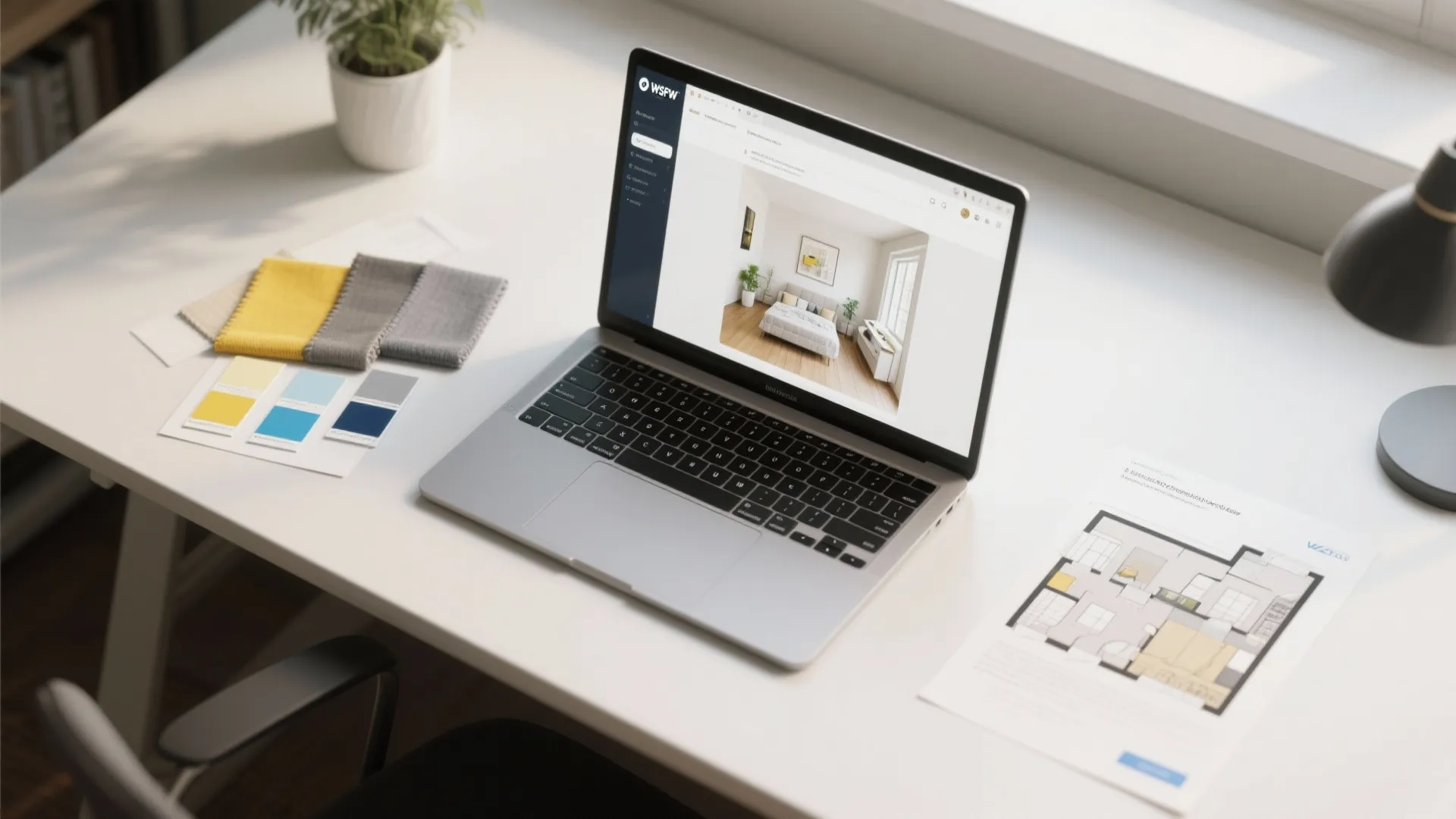 Laptop on white desk showing interior design drawing next to color swatches and floor plan