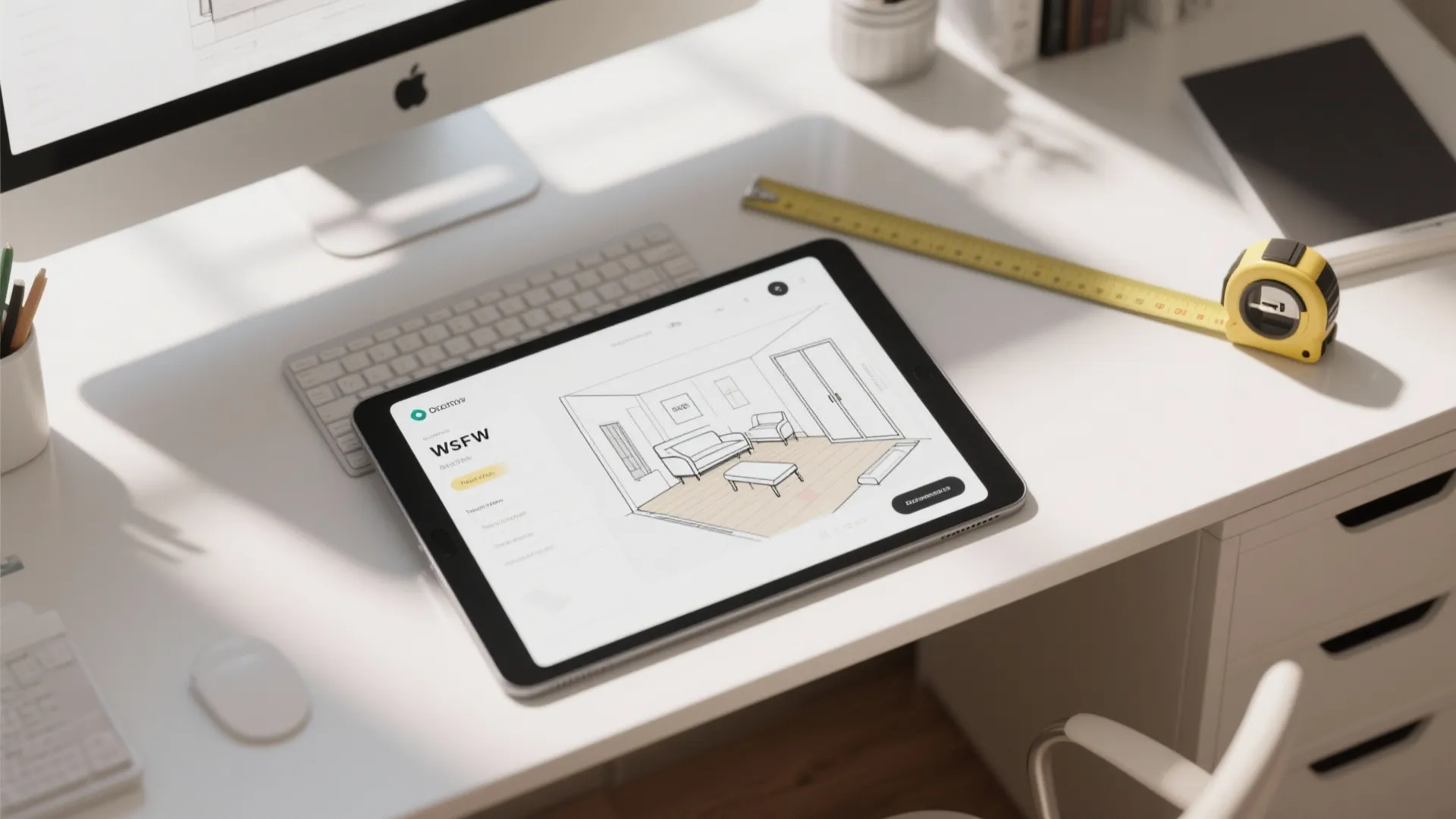 Tablet on white desk showing interior design drawing of living room next to measuring tape
