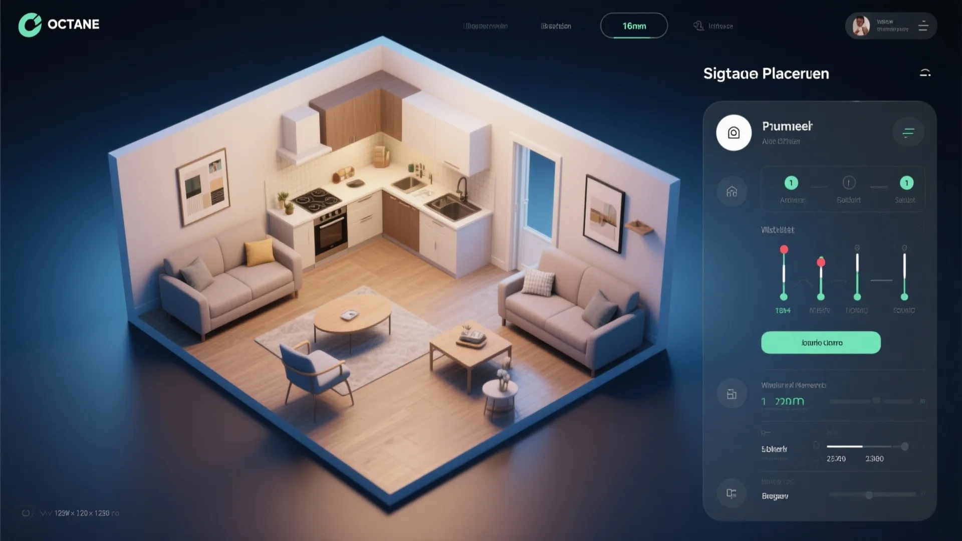 Top-down view of a room planner testing furniture placement in a one-bedroom layout