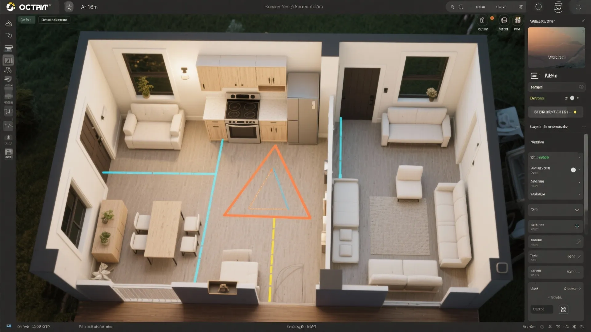 Interior design drawing showing top down apartment room layout with kitchen furniture and living area