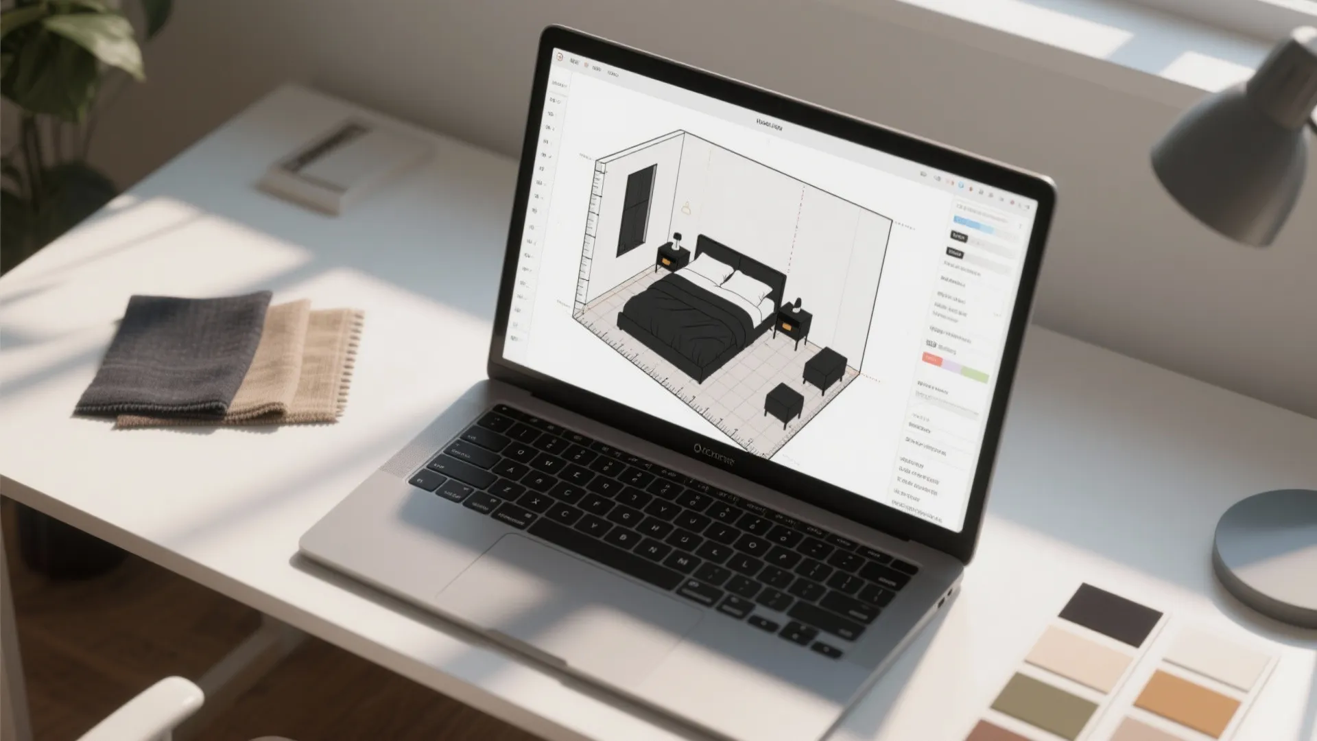 Top-down laptop view of a room planner with a small bedroom layout and black bed scale testing.