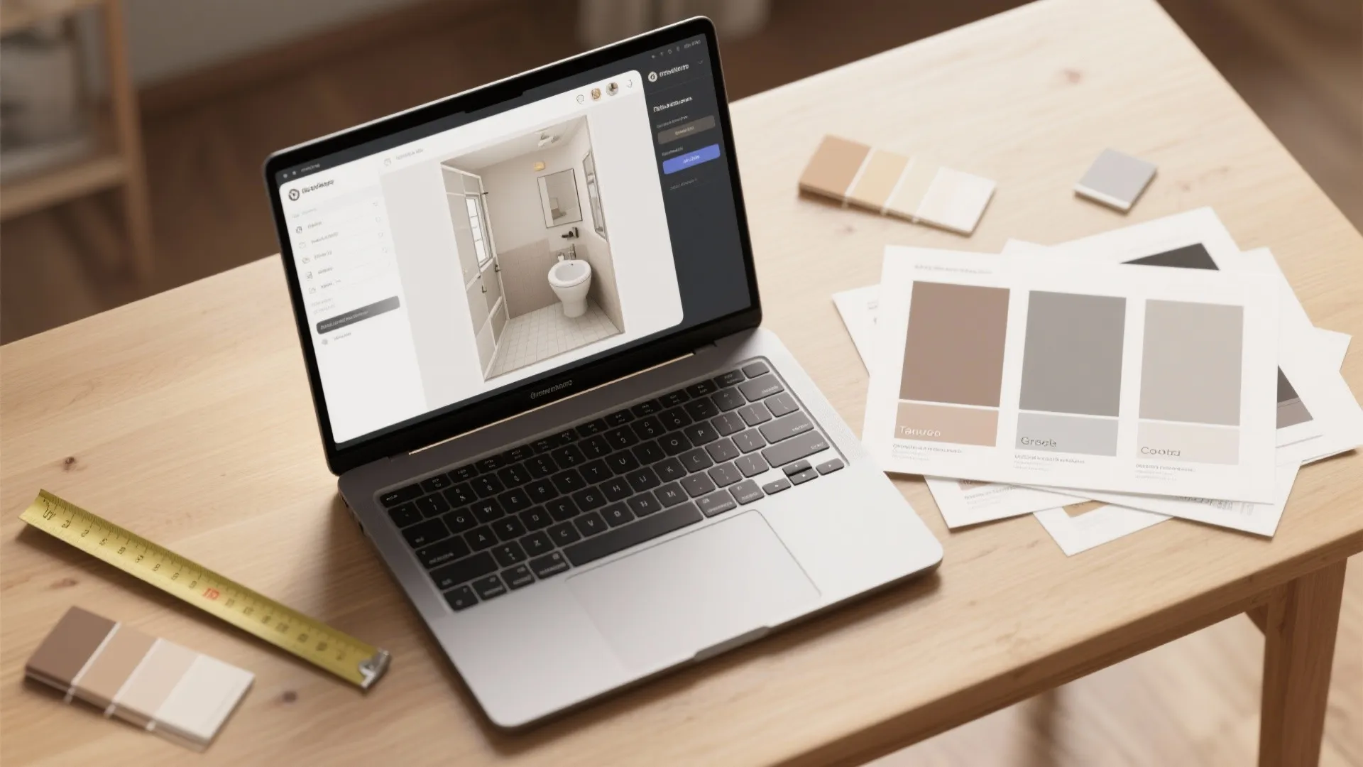 Laptop showing bathroom interior design drawing with color palettes and ruler on a wooden table