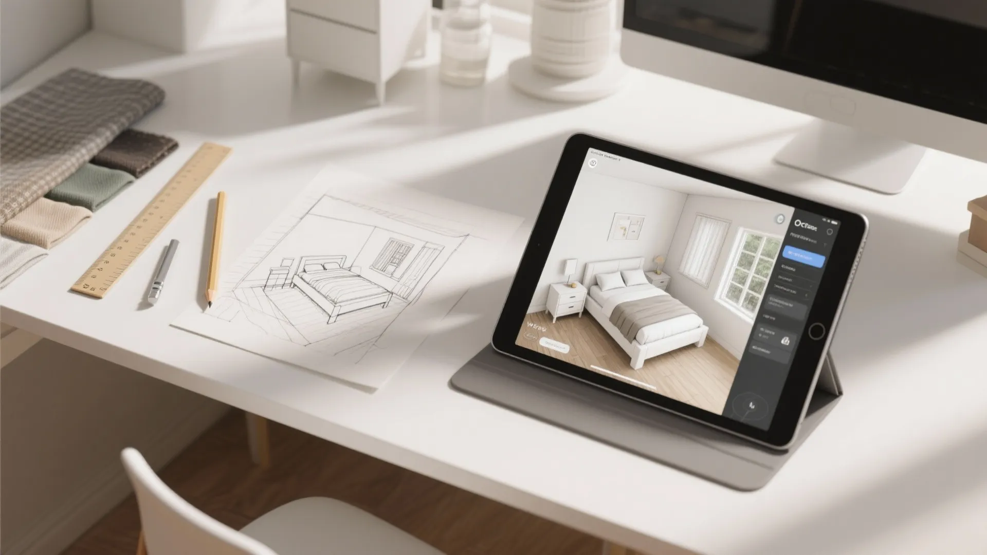Top-down view of a room planning sketch and tablet with a 3D planner for a white-wash bedroom.