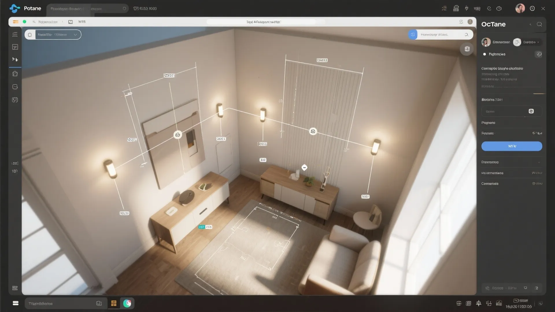 Top-down room planner mockup showing flush wall light positions and sightlines