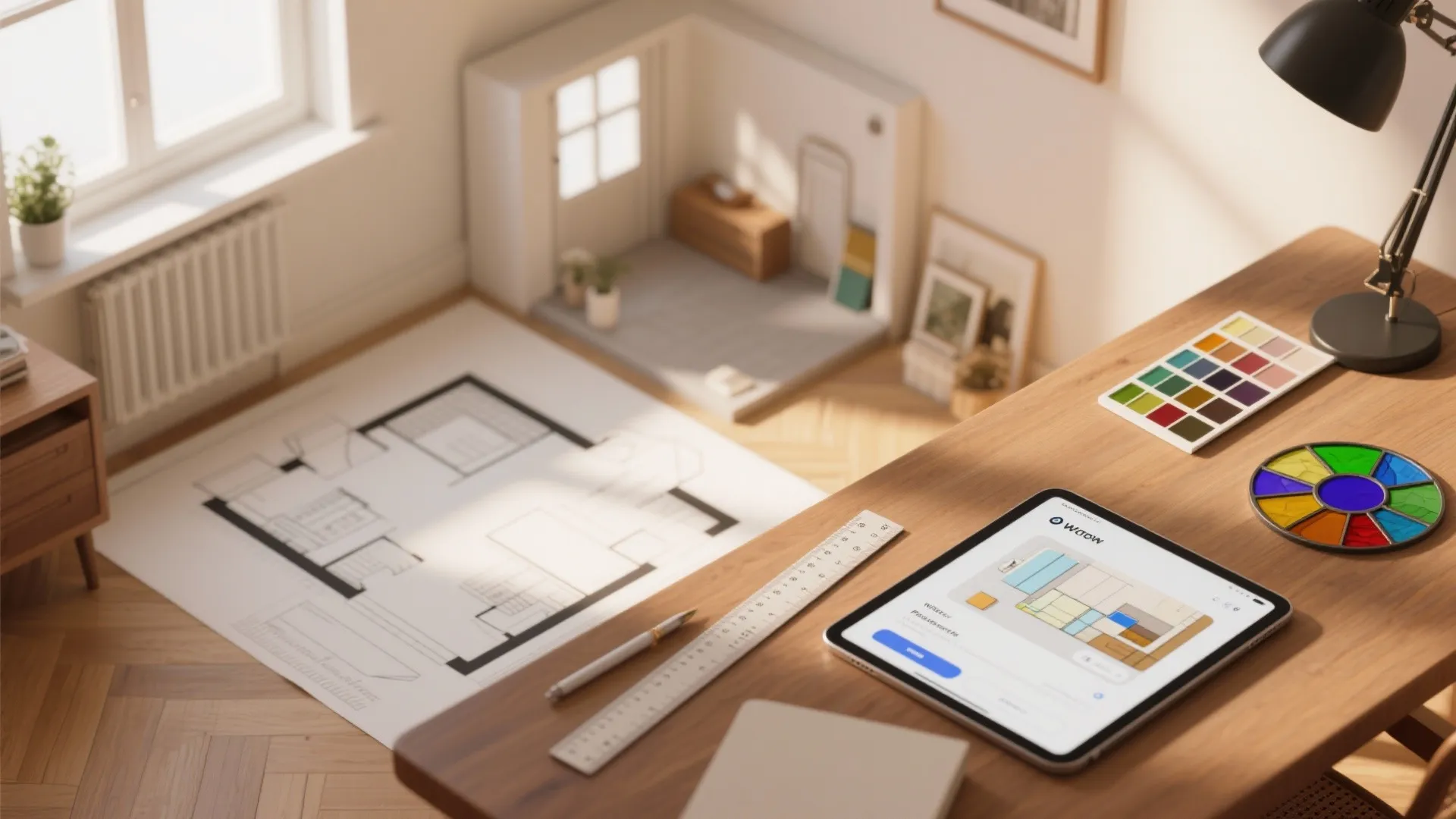 Top-down view of a planning desk with floor plans, color swatches and a tablet room planner for stained glass placement.