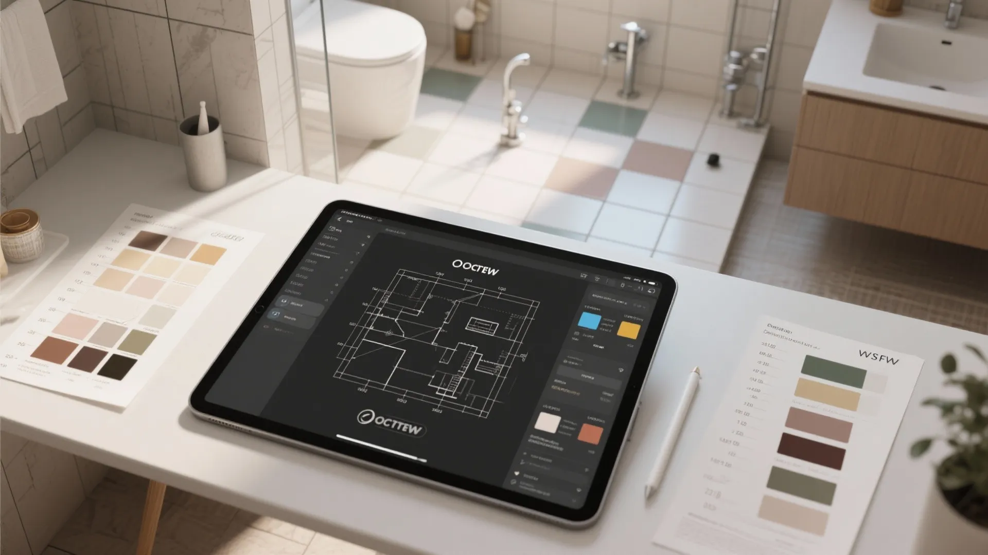 Top-down mockup of a bathroom room planner showing tiles and paint swatches