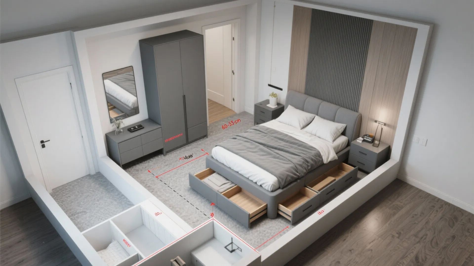 Interior design drawing of a grey bedroom with a storage bed and red measurement lines