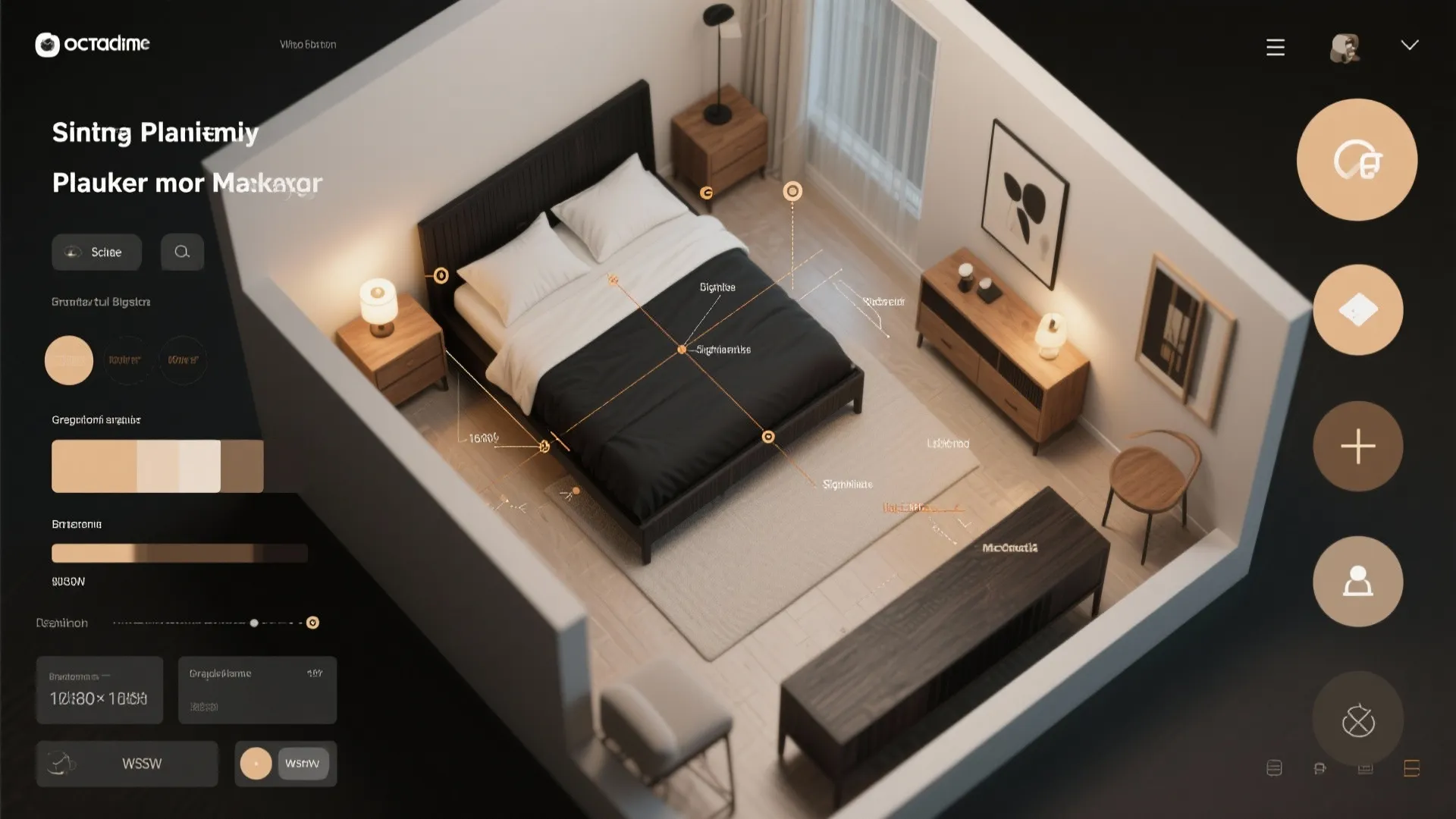 Interior design drawing showing top view of bedroom with black bed and wood furniture layout