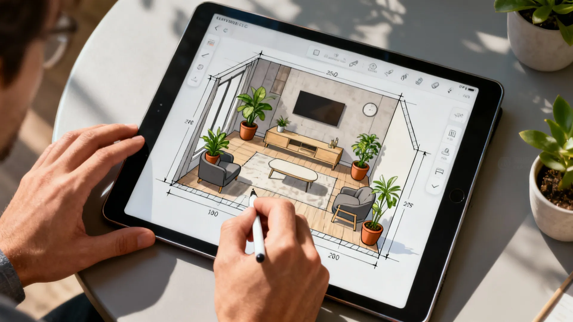 Top-down view of a tablet room planner showing scaled plant and furniture placement for a small living room.