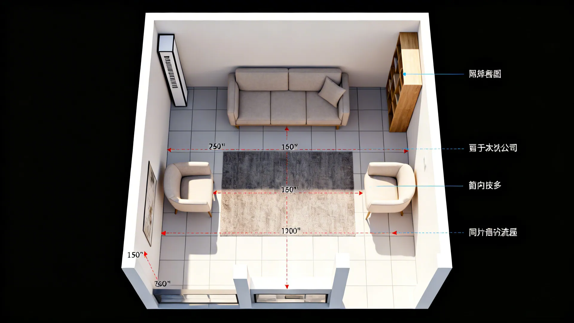 Top-down room planner layout showing scaled furniture, circulation paths and vertical storage for a small living room.