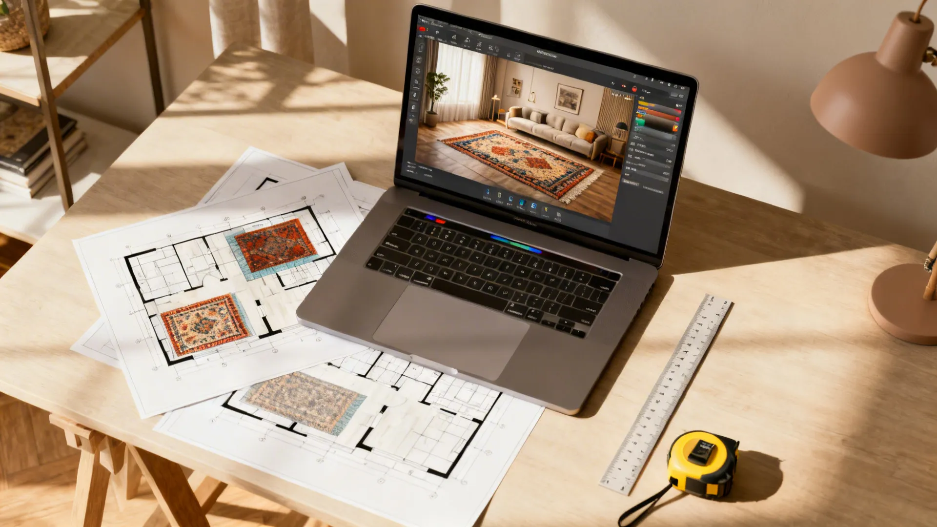 Top-down composition of a laptop showing a room planner with tape measure and floor plans for rug sizing.